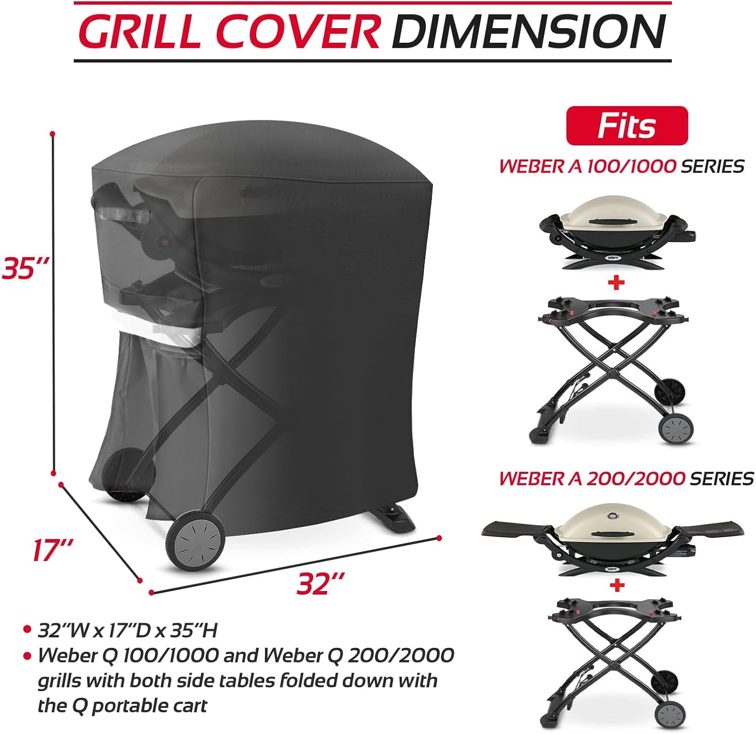 Grill Cover for Weber Q100/1000/1200, Q200/2000/2200 Series, Compatiable with Weber 7113, Waterproof Anti-Fade Grill Covers for Weber 50060001 51060001 54060001 Liquid Propane Grill - 7113-81.3L X 43.2W X 88.9H(Cm) image number 6