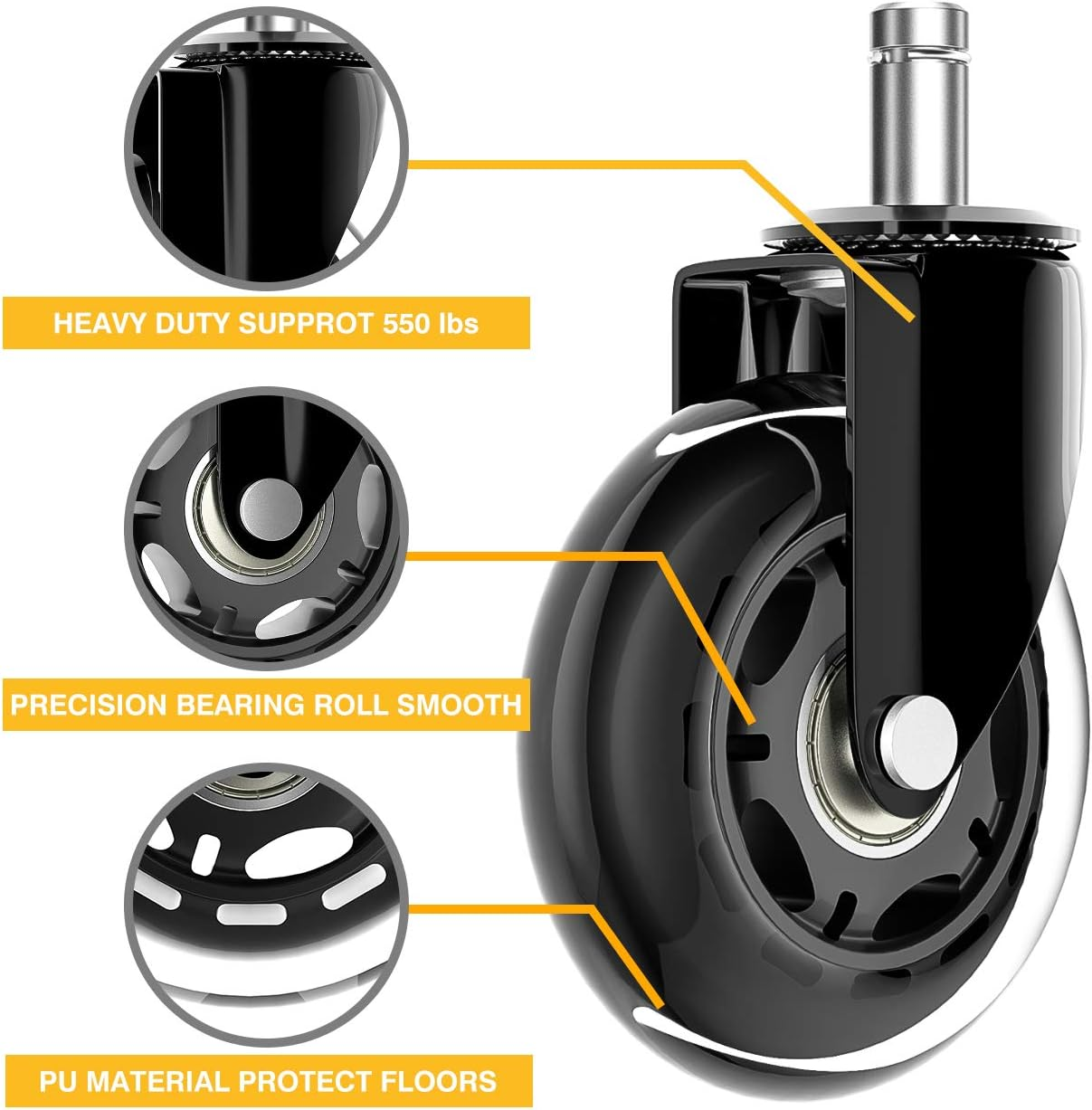 Office Chair Wheels for IKEA with 10Mm Stem, HOSOM 3" Replacement Rubber Caster Wheels Set of 5 Safe for Wood Floor, Computer Gaming Chair Rollerblade Wheels Roll Smooth and Quite image number 5