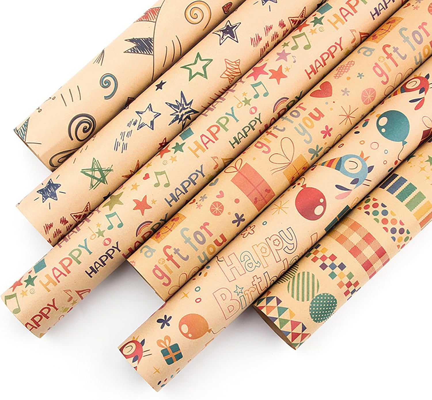 XBOGO 6PCS Kids Birthday Wrapping Paper Recycled 50 * 70Cm Happy Birthday Gift Wrapping Paper for Boys Girls Women Men Birthday Celebration, with Ribbons Stickers and Tape (Birthday Set) image number 4