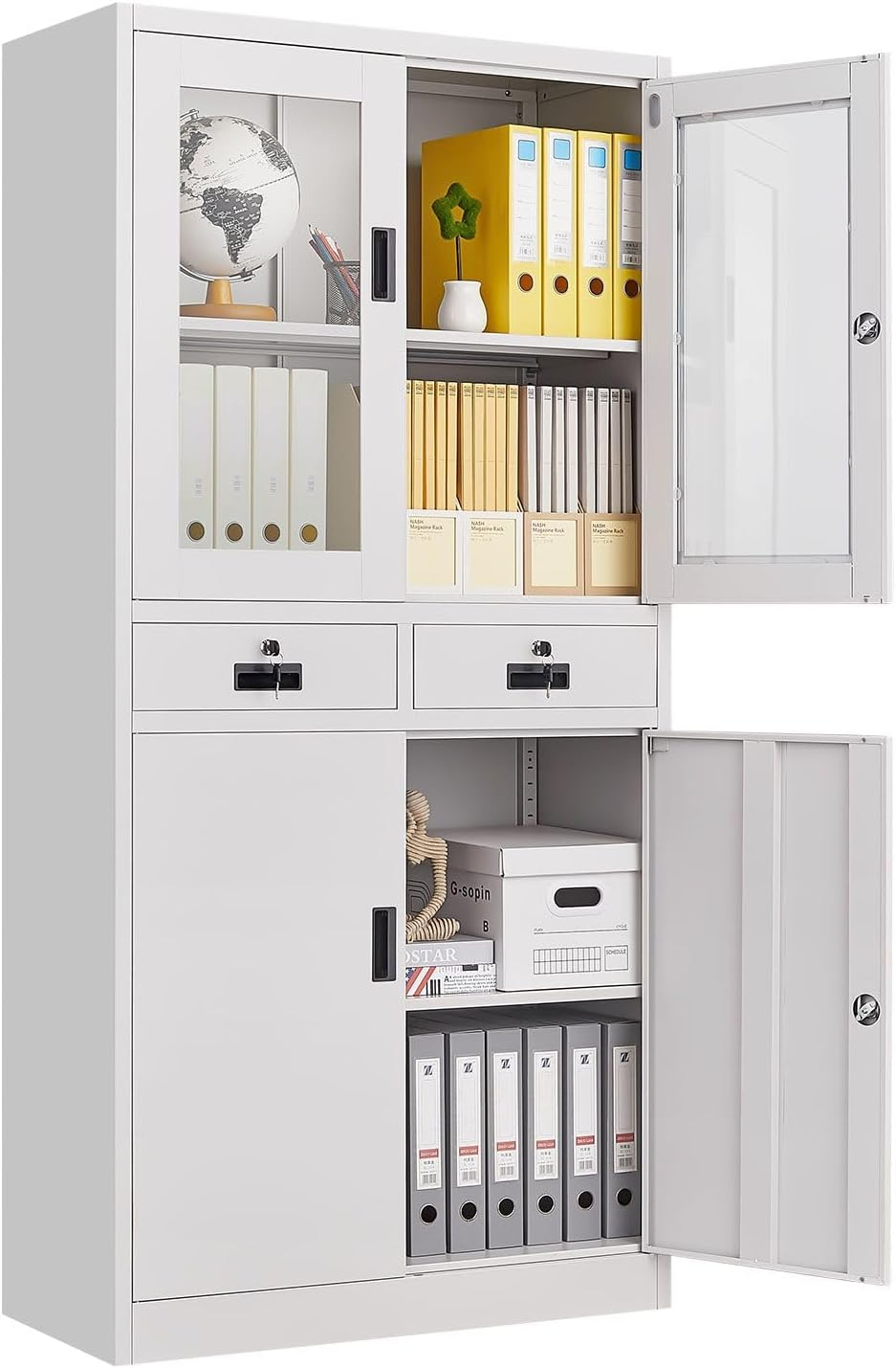 185Cm Steel File Locker Cabinet Lockable Filing Storage with 4 Adjustable Shelves and 2 Drawers,2 Tempered Glass Door & 2 Metal Door Cupboard Office Garage Stationary image number 2