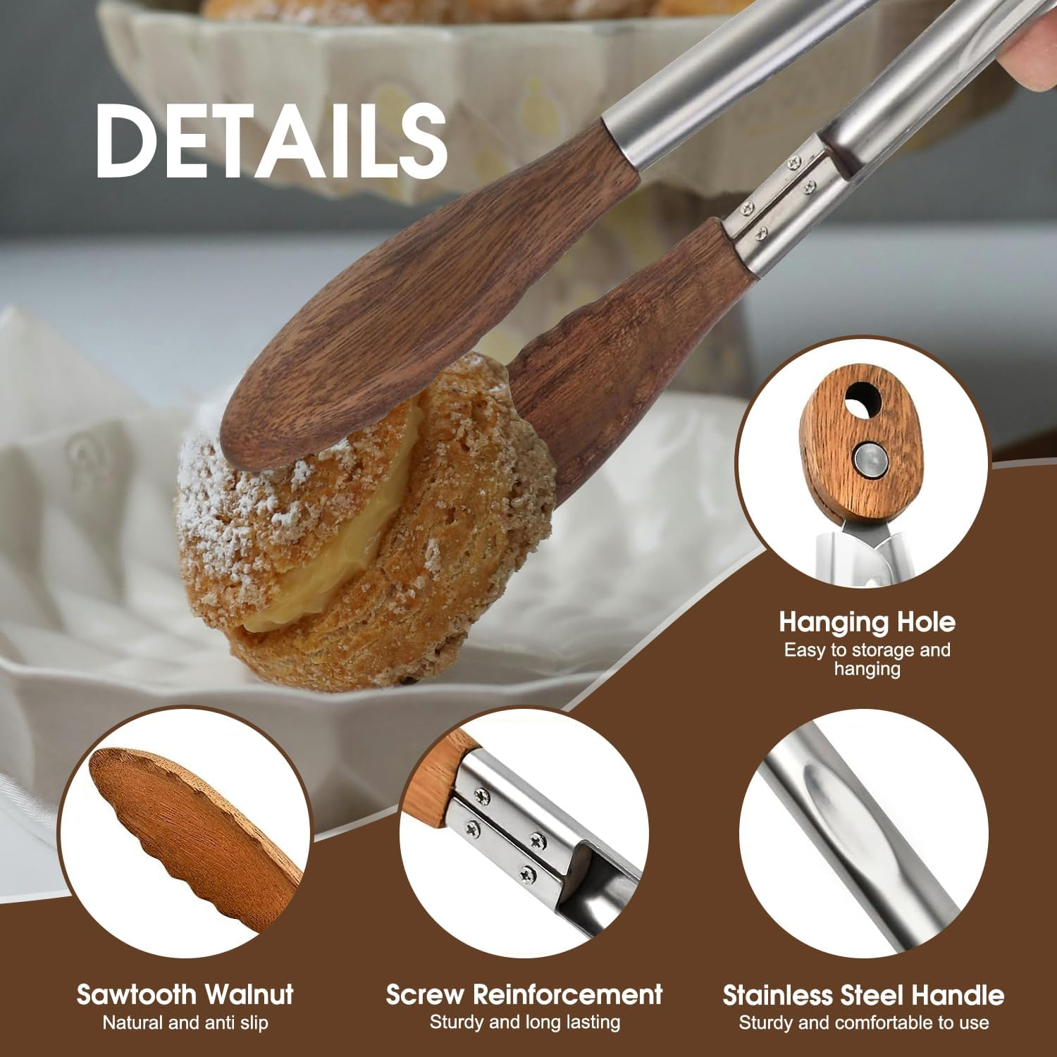 2PCS Wooden Kitchen Tongs (9 &12 Inch), Heat Resistant Nonstick Salad & BBQ Tongs with Wood Tips/Pull Lock/Hanging Hole, Kitchen Cooking Utensils Set for Serving, Grilling, Toaster, Air Fryer