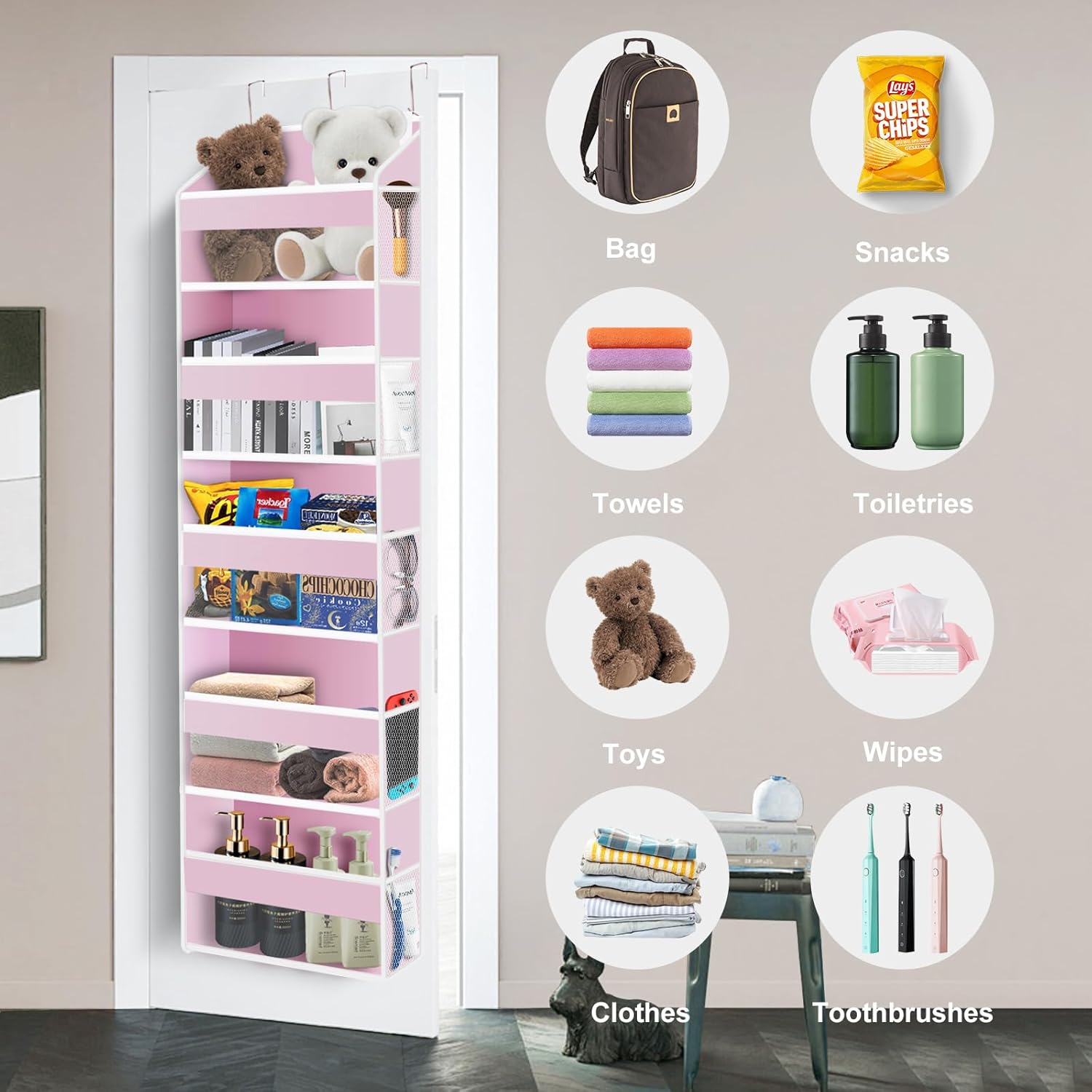 Xifllife over the Door Organizer Closet,5 Bins 10 Side Pockets,Hanging Door Organizer,Anti Tilt 44 Lbs Load Door Organizers and Storage with Clear Window for Bedroom,Nursery,Rv,Bathroom,Camper(Pink) - Black image number 2