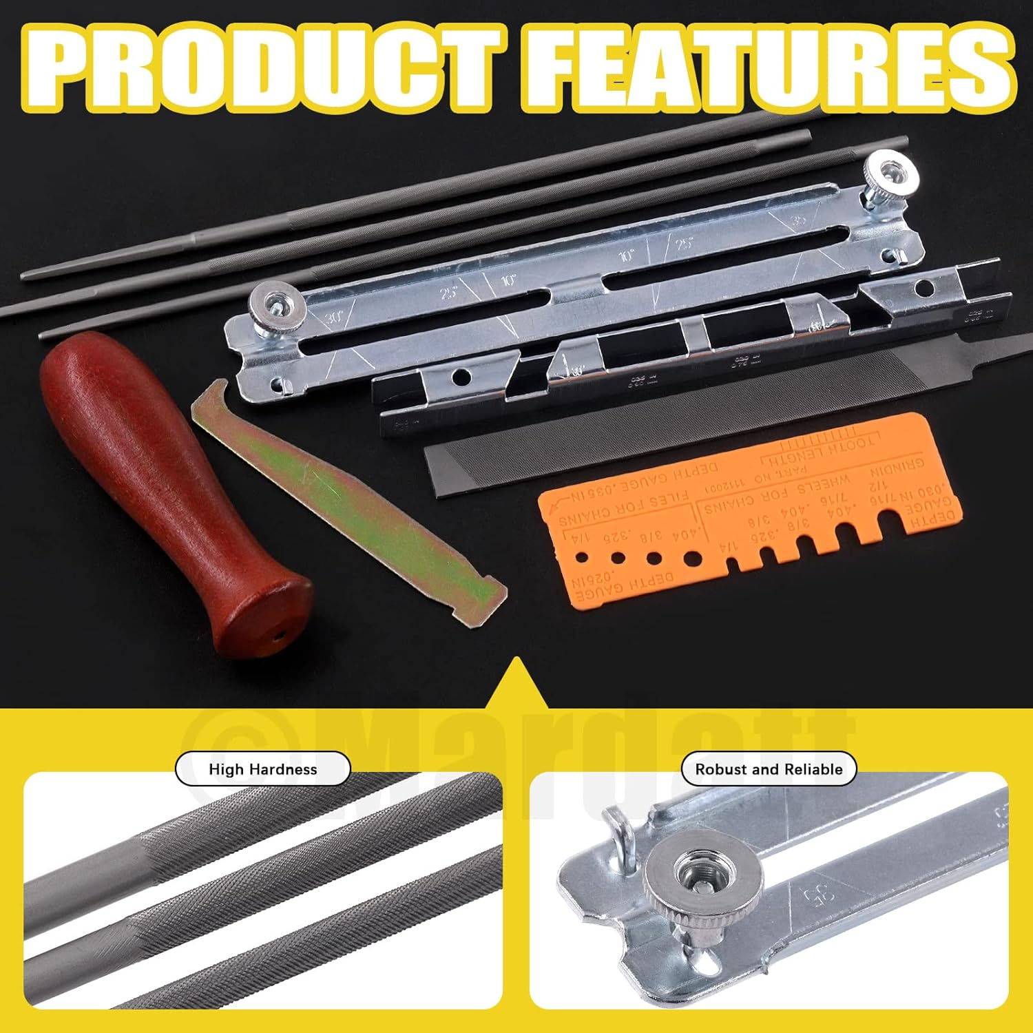 10Pcs Chainsaw Sharpener File Kit Includes 5/32'', 3/16'', 7/32" round Chainsaw Files, Flat File, Wood Handle, Depth Gauge, Filing Guide for Sharpening Filing Chain Saw Teeth Blade image number 2