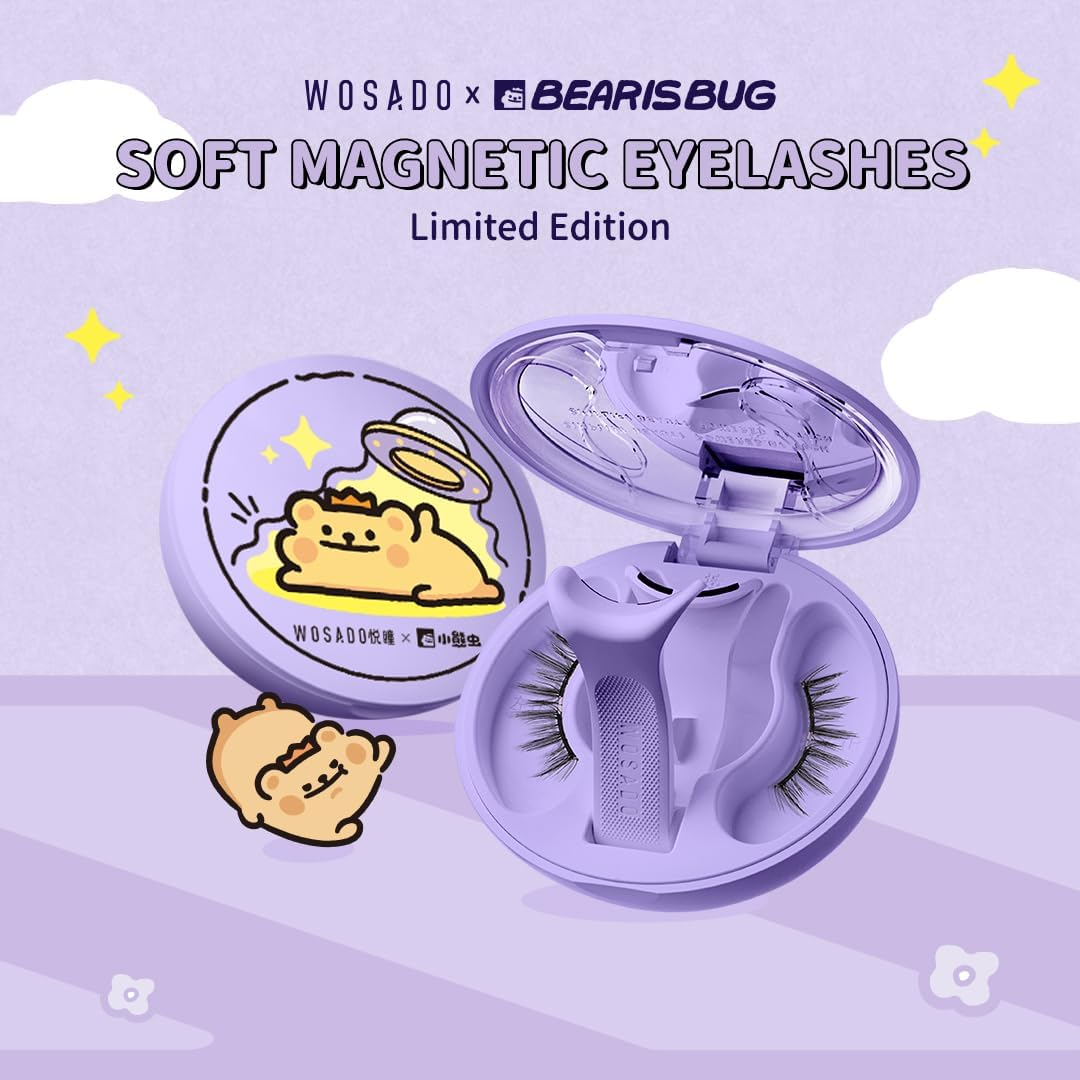 WOSADO Soft Magnetic Eyelashes Kit with Applicator, [No.01 Silky Black II Bearisbug], Reusableglue-Free Wispy Magnetic Lashes, Cruelty-Free False Lashes, Waterproof, Lightweight,Suit for Heavy Makeup