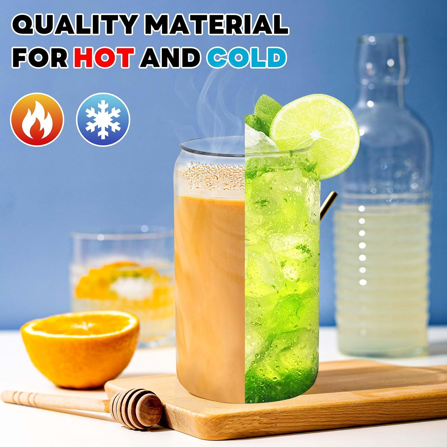 Joyclub Glass Cups with Bamboo Lids and Straws 2 Set 16 Oz Reusable Iced Coffee Cup Beer Can Drinking Jars for Smoothie Whiskey Boba Soda Tea Gift image number 2