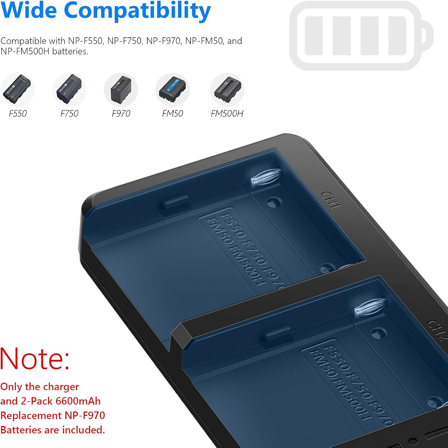 Neewer Fast Charger Dual USB with 2-Pack 6600Mah Replacement NP-F970 Batteries, Compatible with Sony NP-F970 F960 F950 F770 F750 F570 F550,Handycam and Neewer Led Light, Monitor, Motorized Slider image number 6