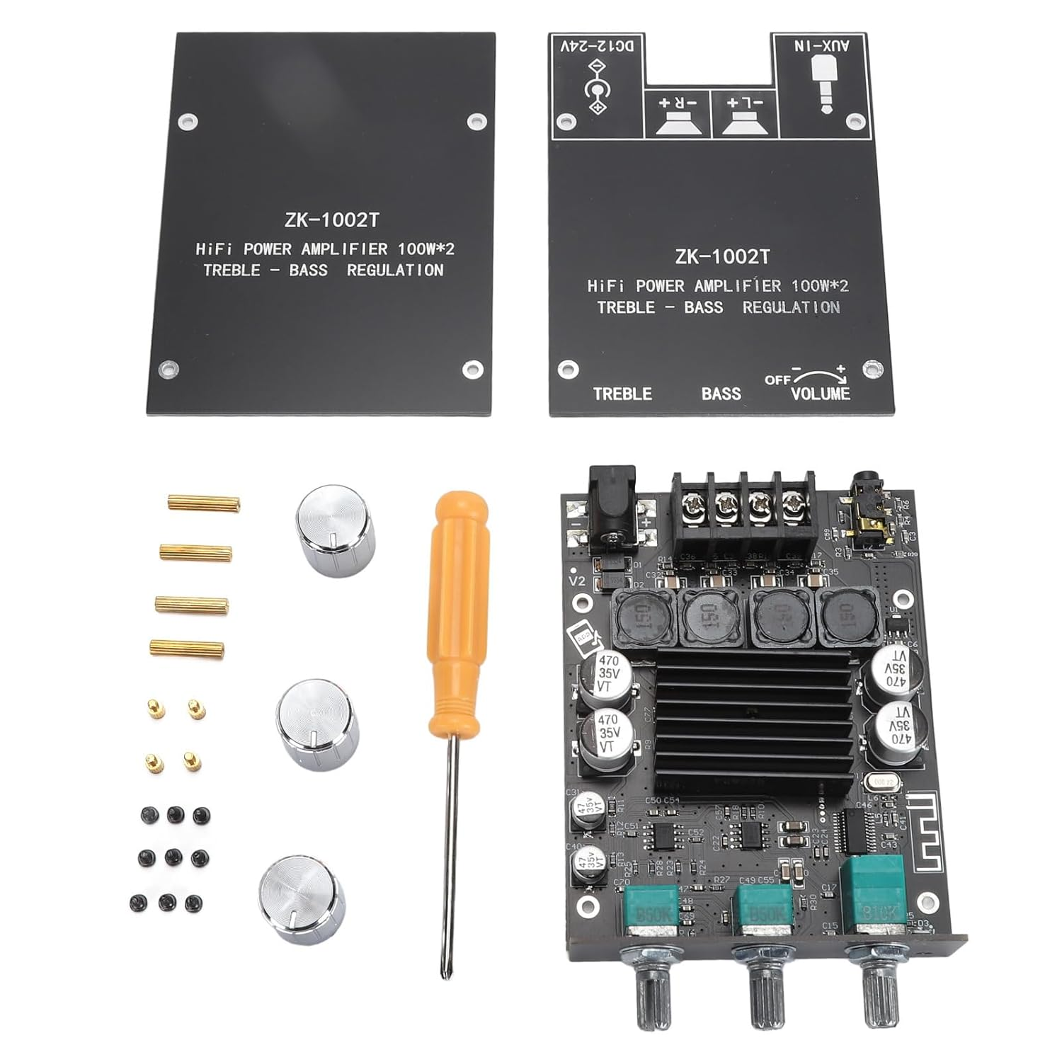 ZK-1002T Bluetooth Amplifier Board, 100W+100W 2.0 Channel Stereo Amp Board, BT and AUX Inputs, 12-24V, with Treble and Bass Control image number 3