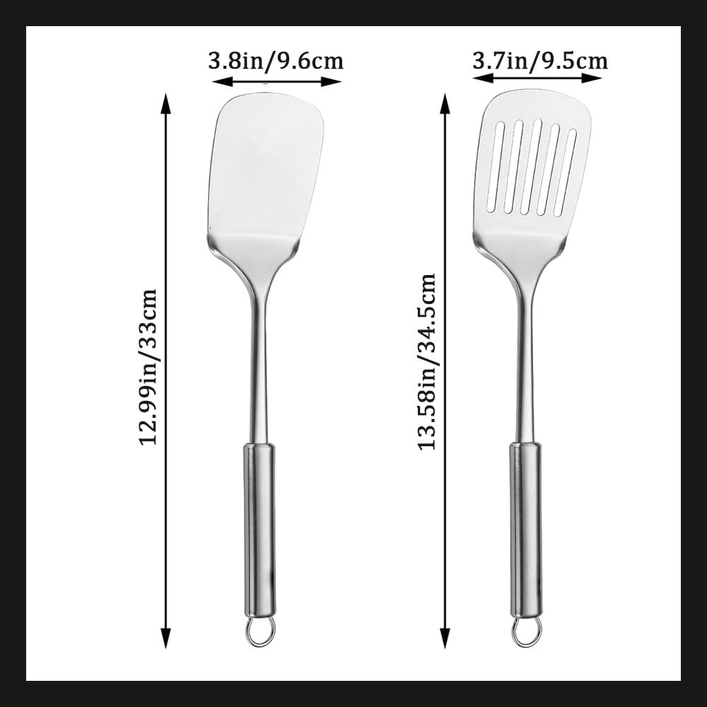 Stainless Steel Spatulas Set,Silver Slotted Turner, Solid Turner,Heavy Duty Sturdy Kitchen Spatula High Heat Resistant, Ideal Cookware,Dishwasher Safe, Easy to Clean (2Pcs) image number 2