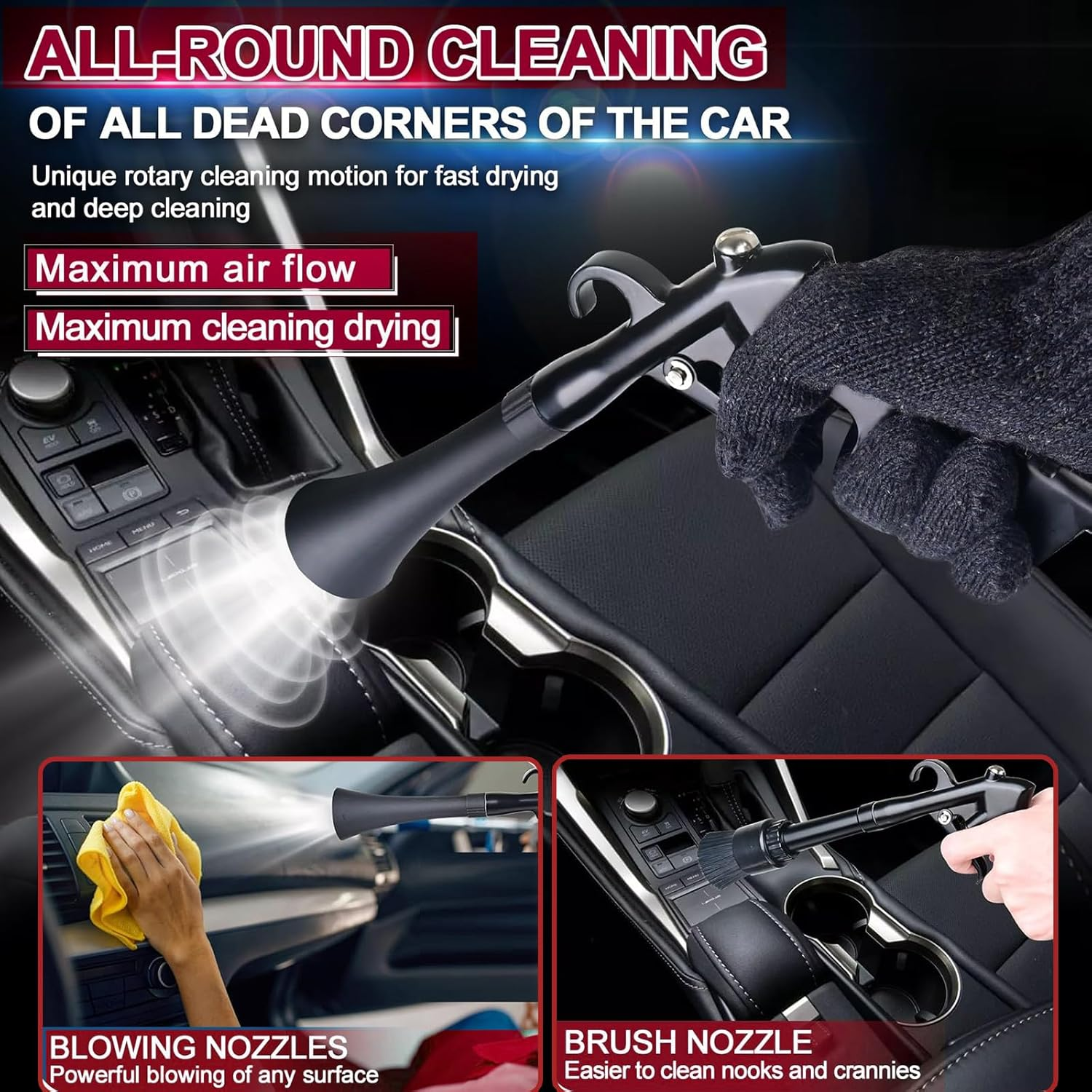 Tornado Dry Cleaning Gun with 3 Connectors, Car Cleaning Gun Detailing Interior Dryer Air Blow Gun, Air Nozzle Blow Gun for Dust Cleaning Car Detailing image number 5