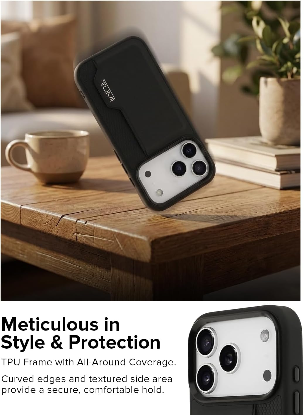 TUMI Iphone 17 PRO Case, Genuine Leather Hard Case with Vertical Card Slots, Perforated Design, Premium Leather, Business Card Holder, Black image number 3