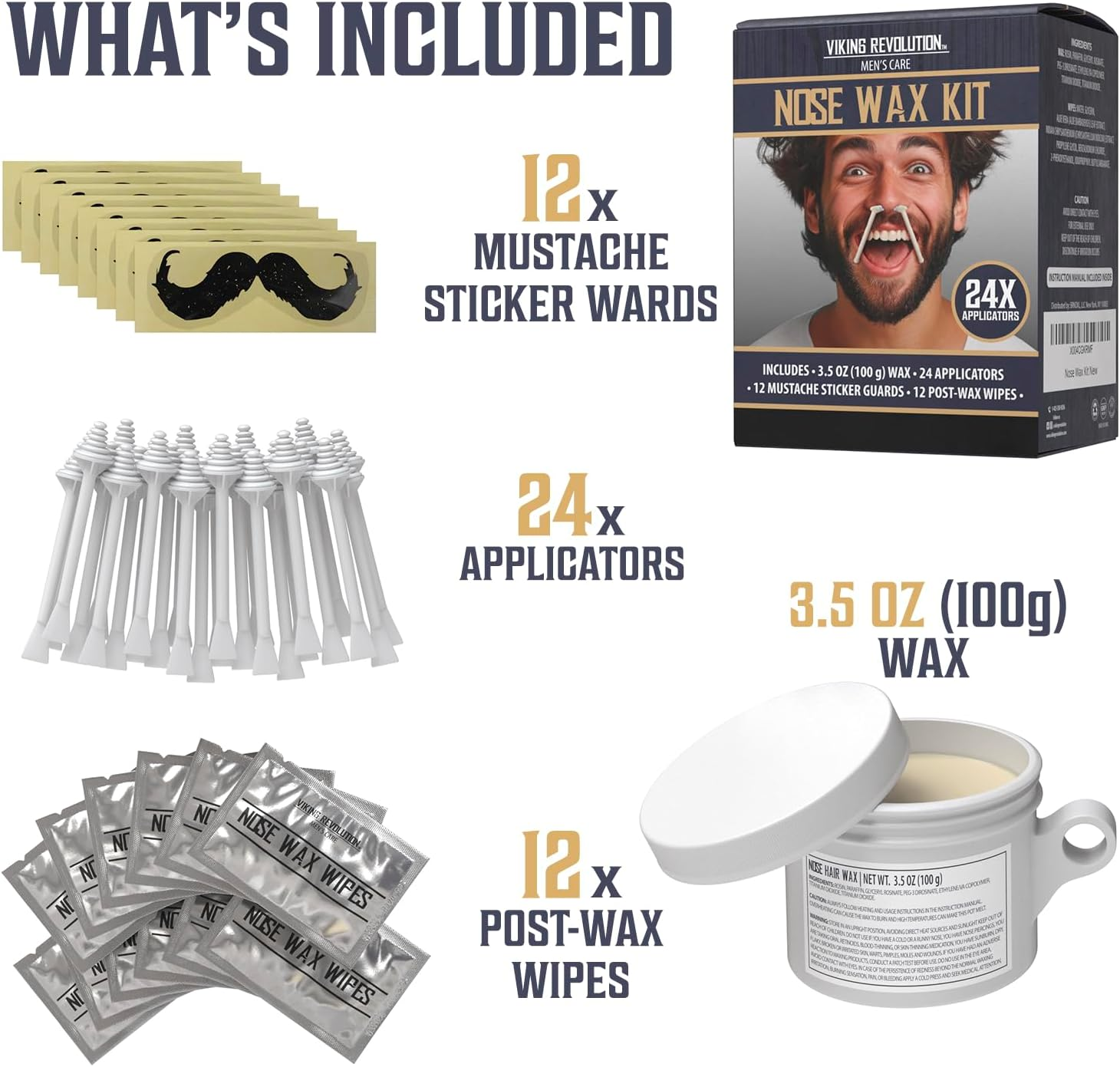 Viking Revolution Nose Hair Waxing Kit for Men - Quick Kit Men with 24 Wax Sticks - Nose Hair Wax Kit Includes Mustache Sticker Guard and Post-Wax Calming Wipes with Aloe Vera (3.5 Oz) image number 5