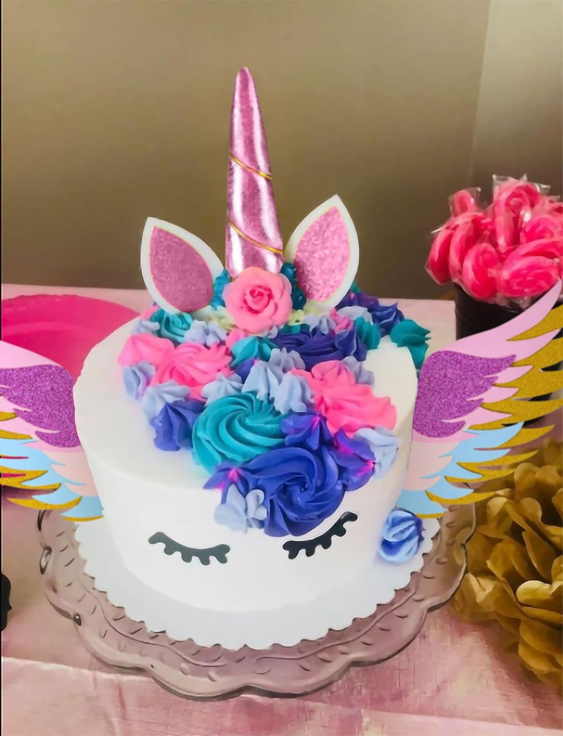Jevenis Unicorn Cake Decoration Unicorn Horn Eyelashes Wings Kit for Unicorn Cake Topper Rainbow Party Decoration