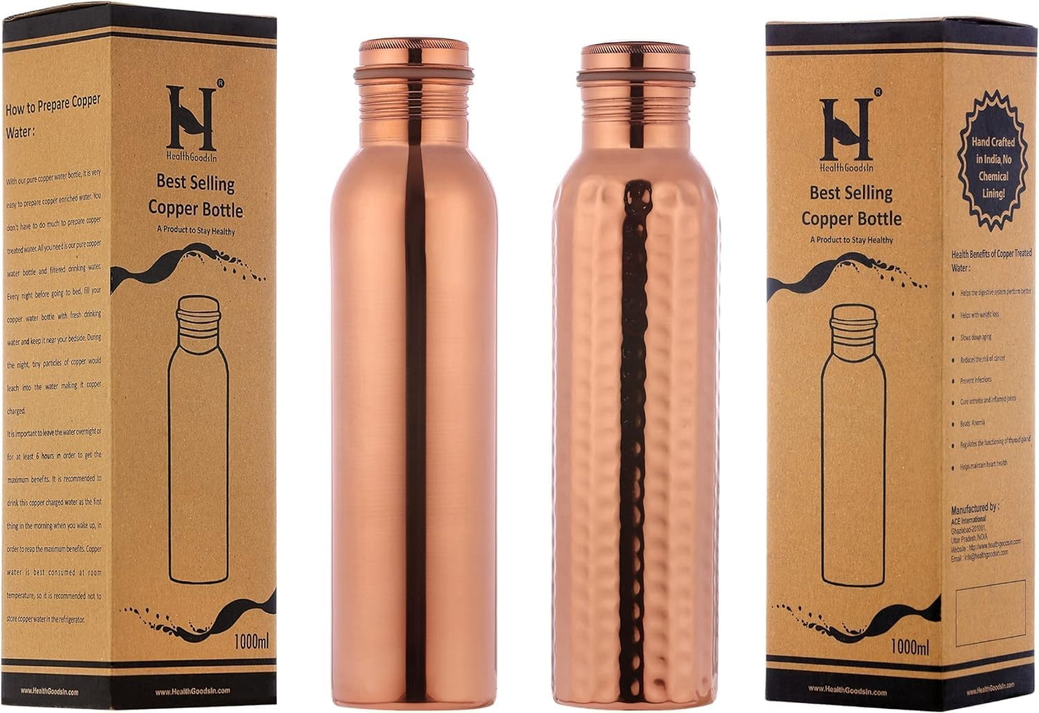 Healthgoodsau - Set of 2 Pure Copper Water Bottles 950Ml | Leak-Proof Ayurvedic Copper Water Bottle for Health Benefits | Joint-Less Copper Water Bottles image number 2