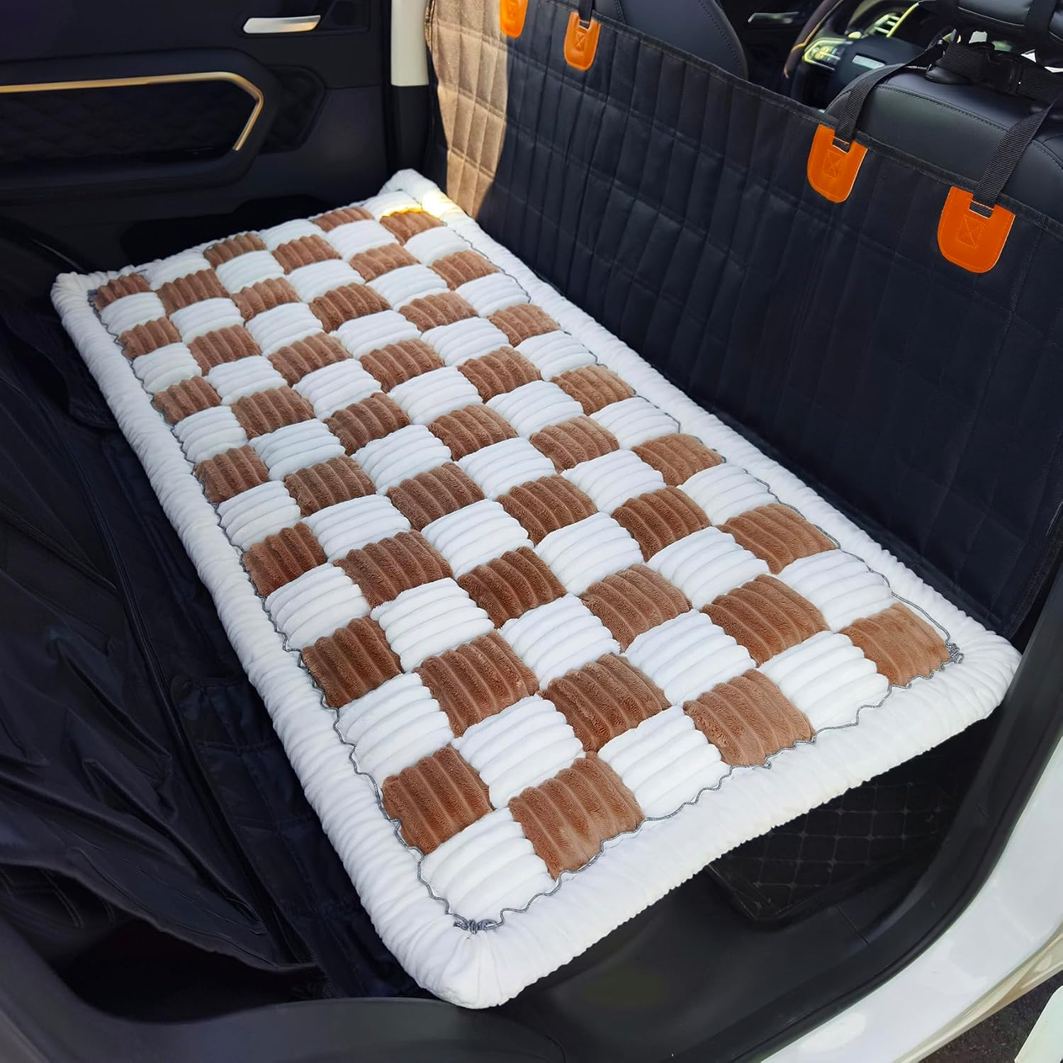 Backseat Pet Bed Mat, Plaid Dog Bed for Car, Non-Slip Travel Dog Bed, Custom Fit for Backseat Extenders and Seat Covers (Black&White, 24.8X54 Inch)