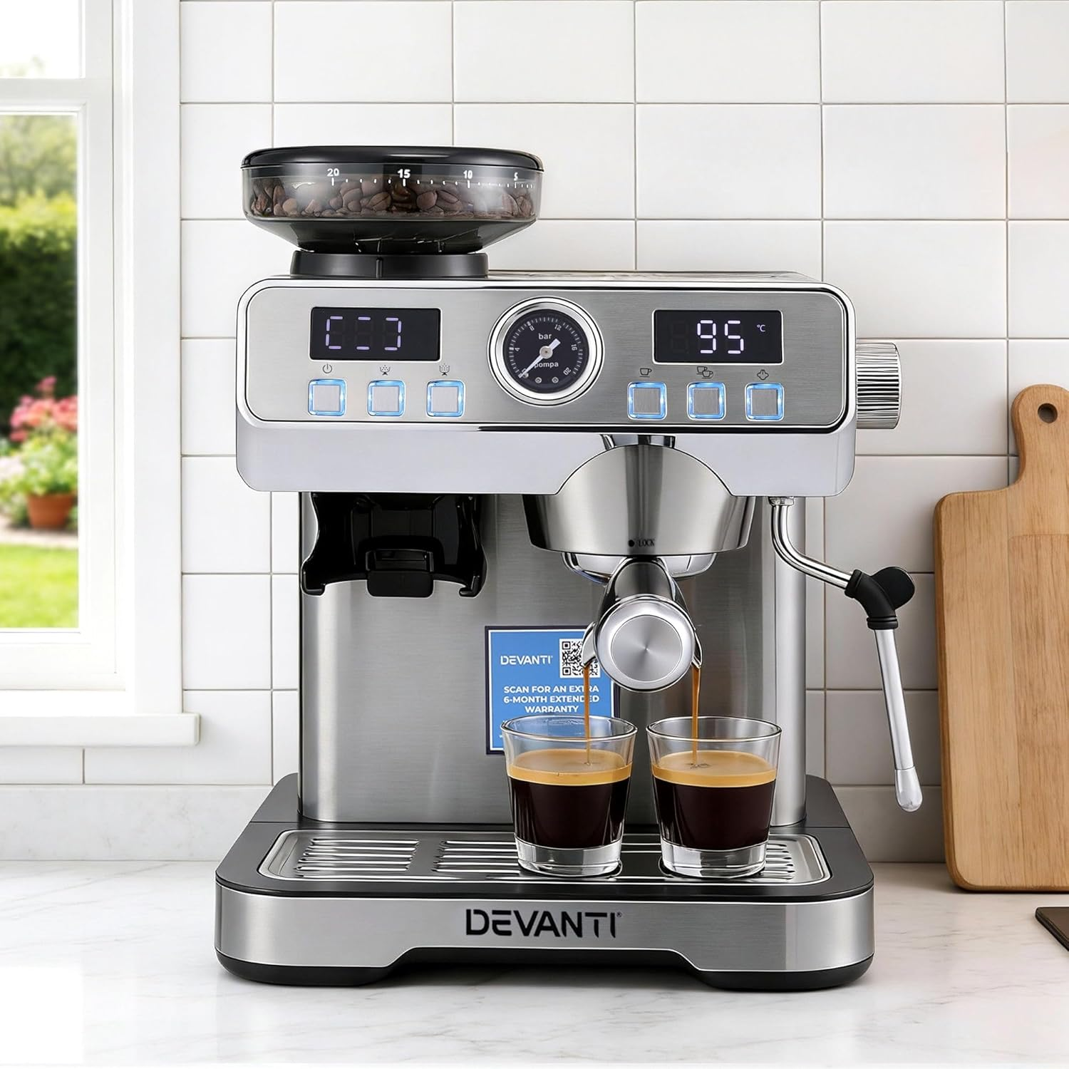 Devanti Coffee Machine with Grinder, 20 Bar Pressure Automatic Espresso Latte Cappuccino Maker Milk Frother Steam Wand Temperature Control 2L Water Tank Home Appliance Clean Brush image number 3