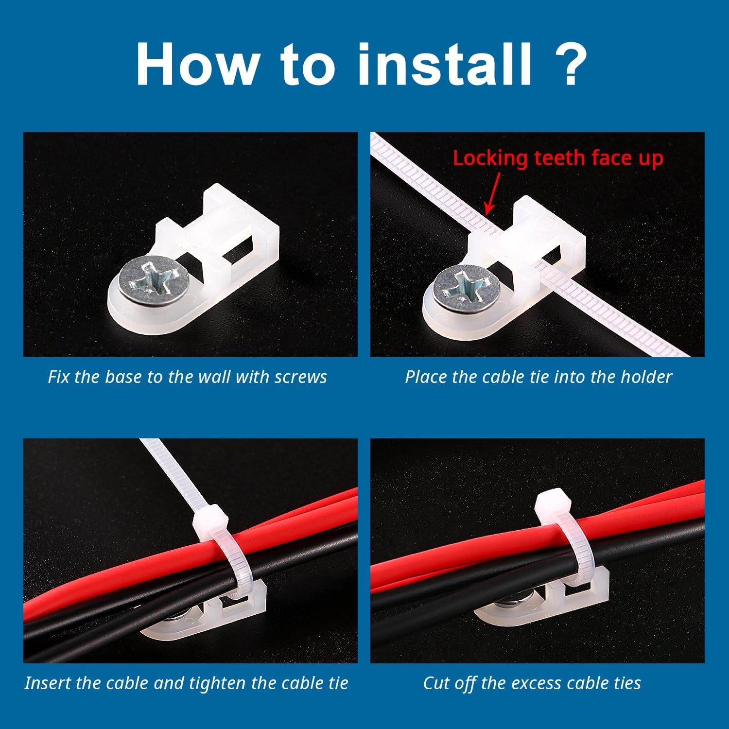Voogenzek 90 Sets 19.6 * 9.7 Mm Saddle Type Cable Tie Mount Bases, Saddle Type Mount Wire Holder, with M3.5 Screws and Cable Ties, for Wire and Cable Tidy, White image number 5