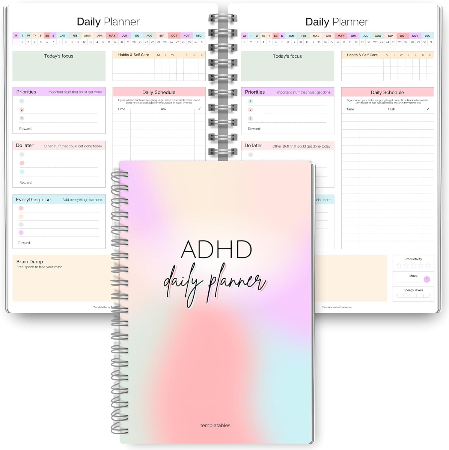 ADHD Daily Planner for Neurodivergent Adults - Productivity Daily Planner & Task Management to Stay Organized and Focused - A5 Pastel Rainbow