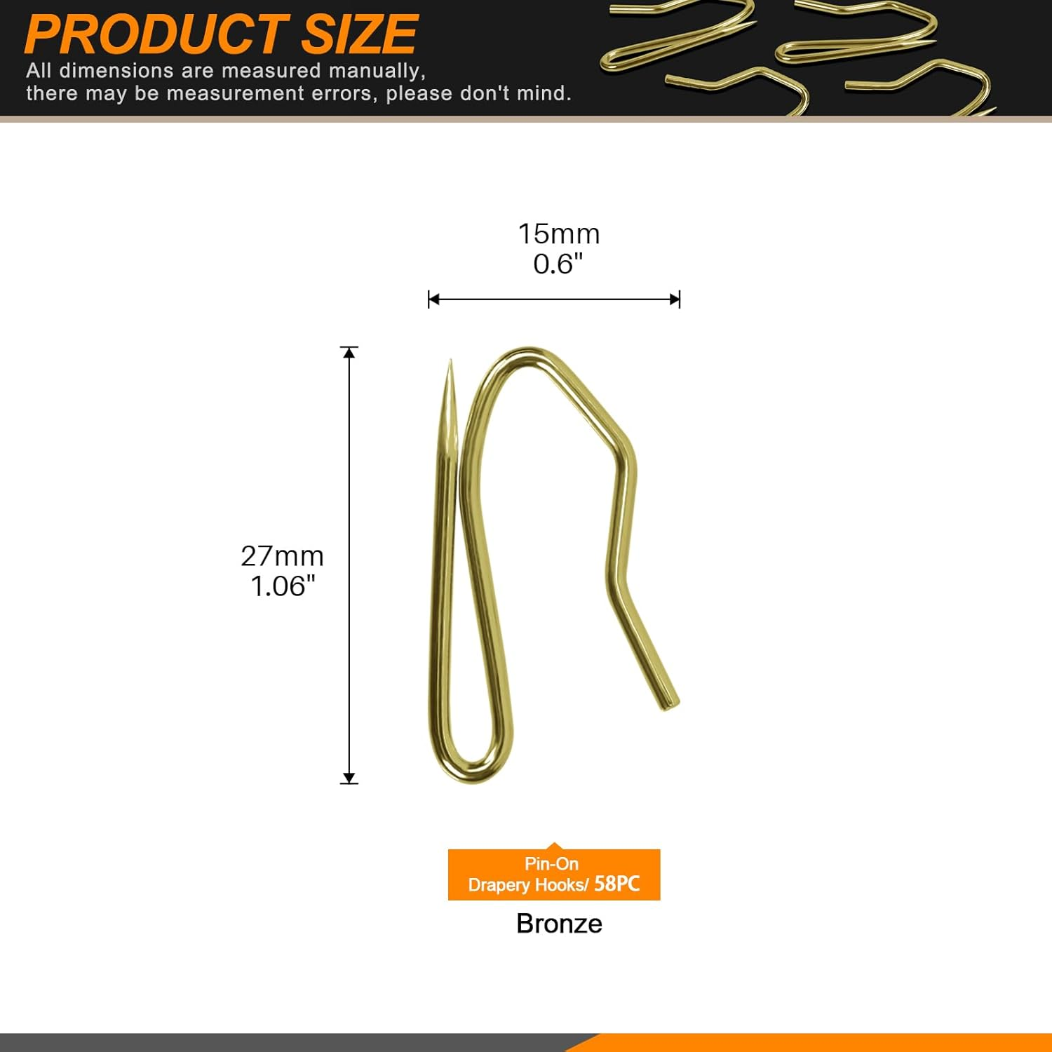 Rustark 58Pcs Bronze Metal Curtain Hooks - Stainless Steel Heavy Duty Pin-On Drapery Hooks for Pinch Pleat Drapes, Window, Door and Shower - Track Hook image number 1