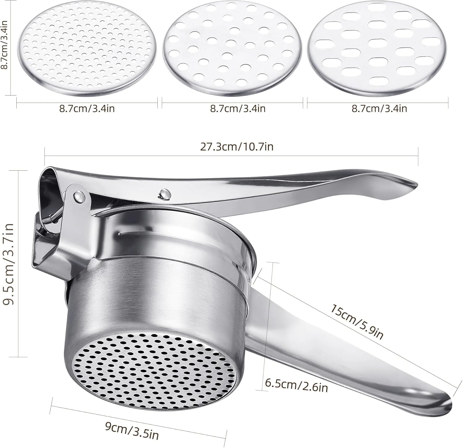 Multi-Purpose Stainless Steel Potato Ricer, Heavy Duty Large Capacity Potato Masher with 3 Interchangeable Discs, Ricer for Vegetable and Fruit with Interchangeable Strainers image number 3