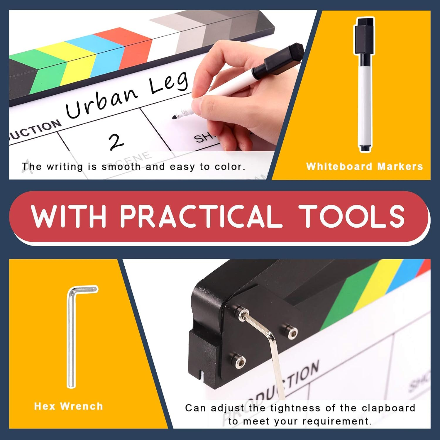 Hilitchi Film Movie Cut Action Board Acrylic Plastic Slate 25X30Cm/10X12 Dry Erase Director'S Film Clapboard with Color Sticks and with 5 Whiteboard Markers, 1 Eraser and 1 Wrench image number 5