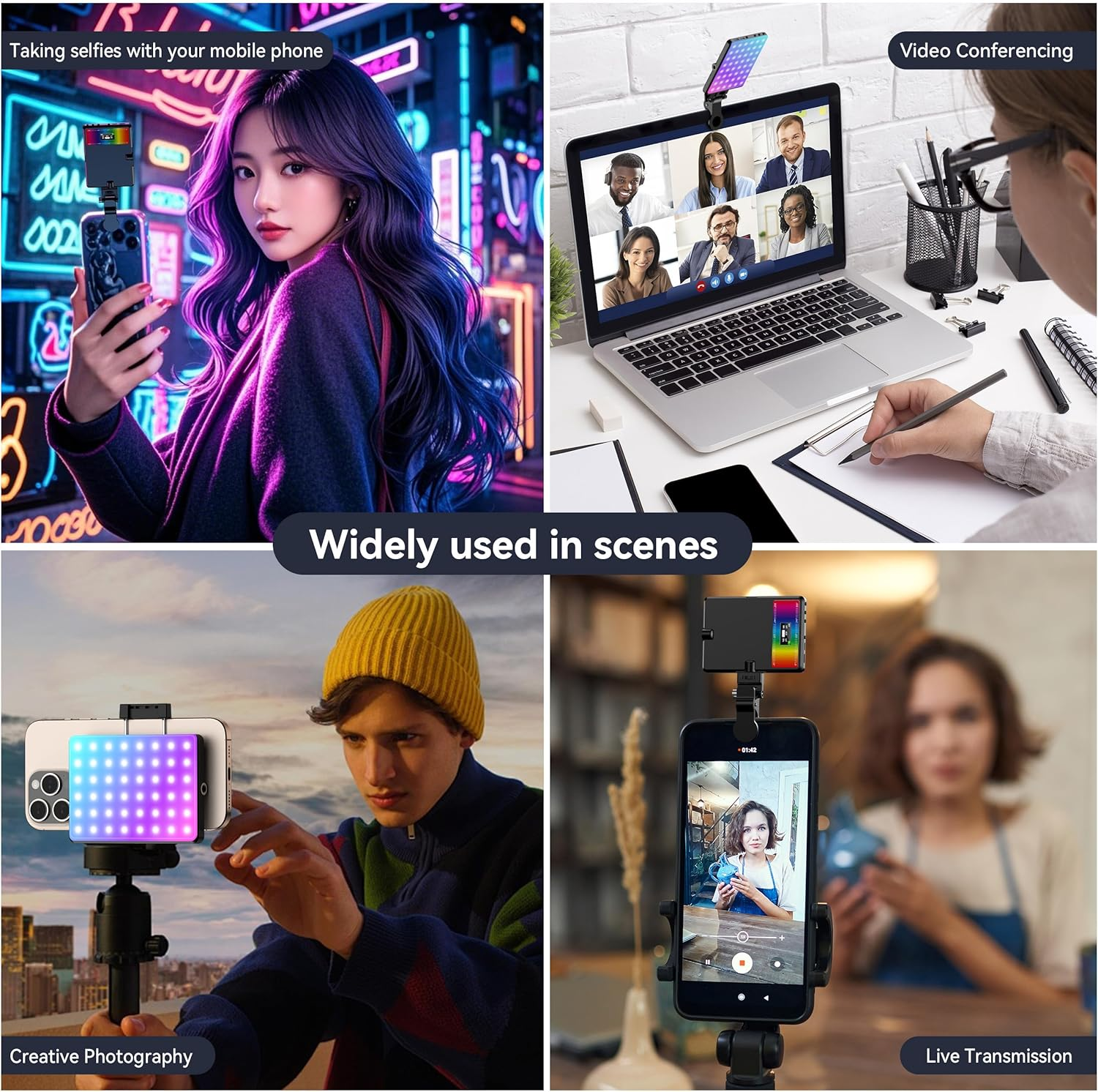 ENEGON RGB Selfie Light, 360&deg; Full Color RGB Video Light with 24 Effects, 78 LED 2000Mah Rechargeable, CRI 95+ and CCT 2500K-9000K, Portable Clip for Phone/Tablet/Pc/Streaming - Bronze image number 4