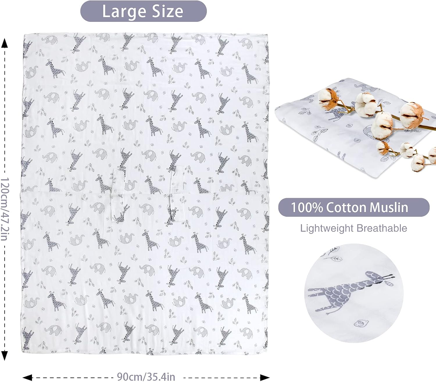 Baby Car Seat Covers for Boys Girls, Metplus Muslin Infant Carseat Canopy, Lightweight Breathable Newborn Carrier Canopies Stroller Cover, Universal Fit Large Size 47.2 X 35.4 Inch, Elephant Giraffe image number 3