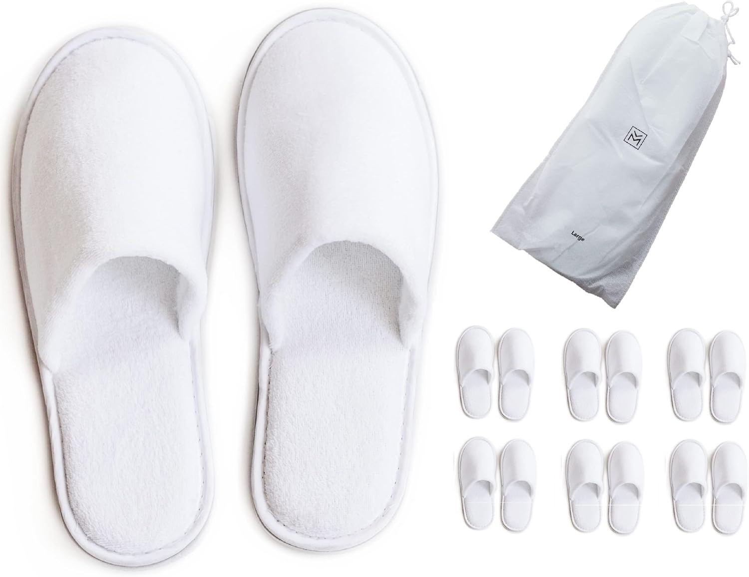 MODLUX Spa Slippers Travel Bags White Fluffy Closed Toe Spa Slippers by Two Sizes to Fit Most Men and Women, Comfortable and Non-Slip - Perfect for Home, Hotel or Commercial Use 6 Pack Large Black