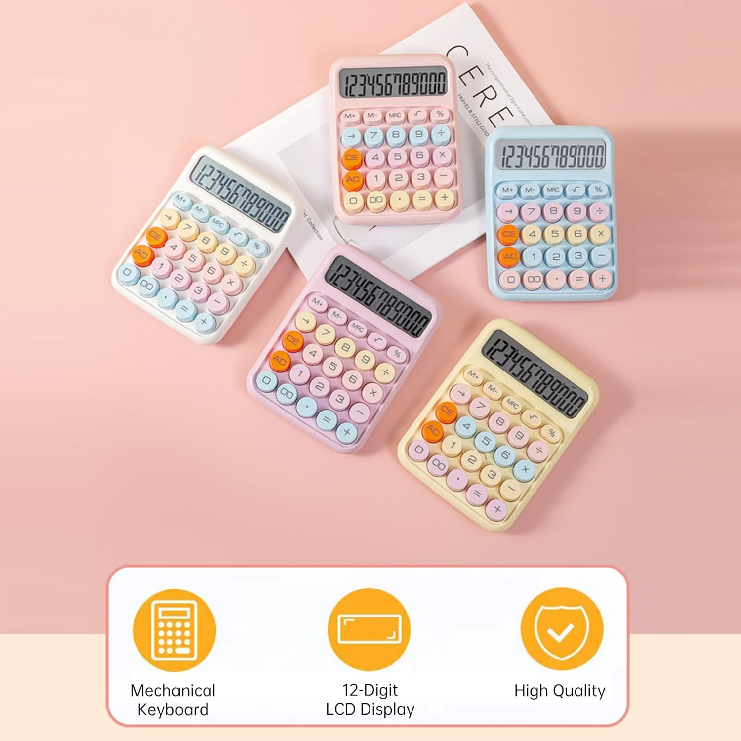 Mechanical Calculator 12 Digit Large LCD Display Big round Button Cute Candy Colored Calculator Suitable for Office School Home for Students Accountant-Yellow