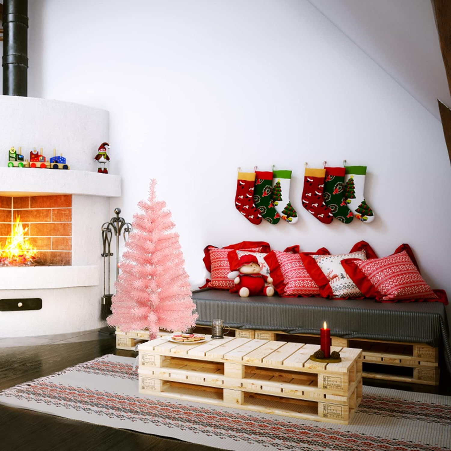 CCINEE 3Ft Artificial Christmas Tree, Pink Tabletop Hinged Christmas Tree with Metal Stand 130 Branch Tips Mini Tree for Xmas Party Supplies Home Indoor Decoration - 3Ft Green image number 5