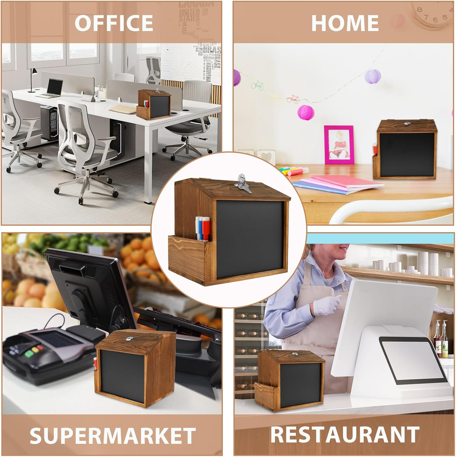 Wood Suggestion Box with Slot and Lock, Countertop or Wall Mounted Ballot Box with Chalkboard, Donation Box for Saving Fundraising, Multifunctional Comment Box with Chalkboard Vintage image number 2