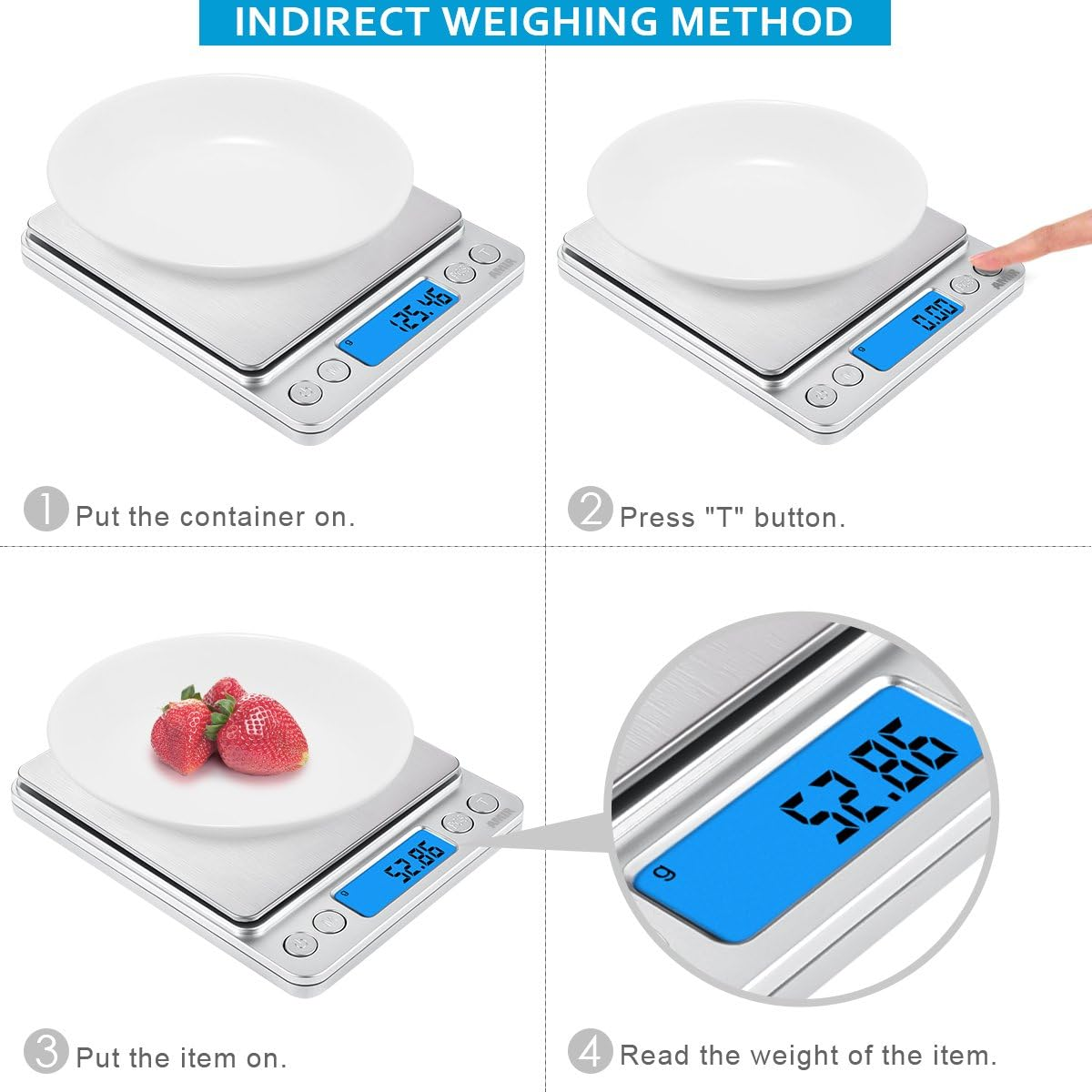 AMIR Digital Kitchen Scale 500G/ 0.01G Pro Cooking Scale with Back-Lit LCD Display Accuracy Pocket Food Scale 6 Units Auto off Tare PCS Function Stainless Steel Batteries Included (Silver)