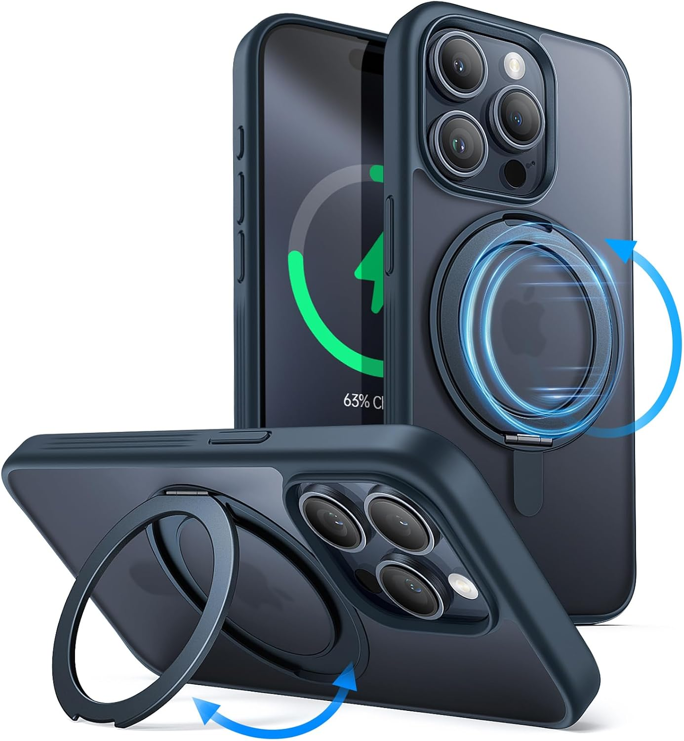 Jetech 360 Degree Rotatable Ring Case for Iphone 15 Pro Max 6.7-Inch Compatible with Magsafe, Slim Shockproof Phone Cover with Stand & Ring Holder (Blue Titanium)