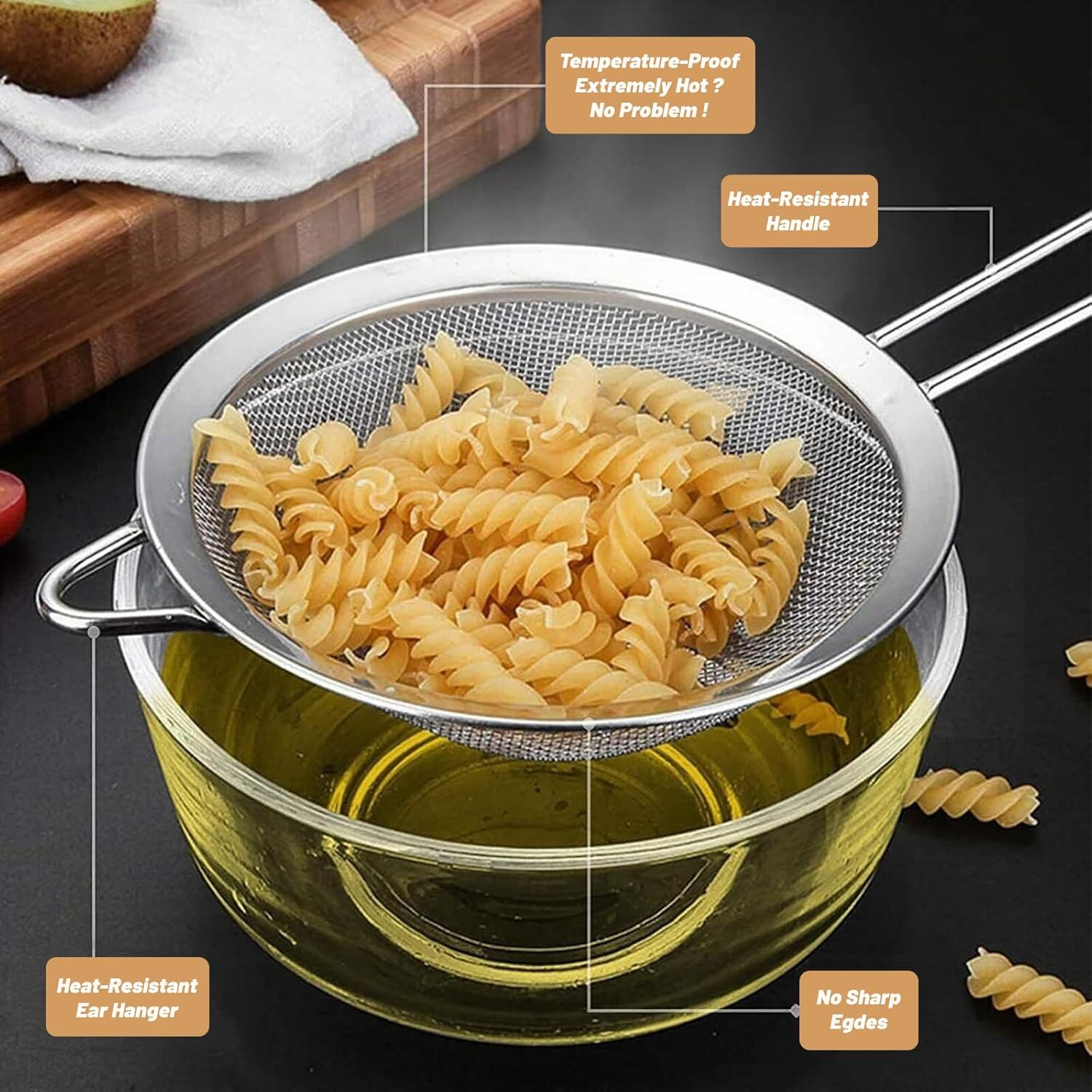 Billord Fine Mesh Strainer - Set of 4 Food Colanders, Premium Stainless Steel Sieve Strainers with Sturdy Handle, Mini Small Medium Large Size Sifters for Kitchen, Rice, Juice, Food,Pasta,Flour,Baking image number 3