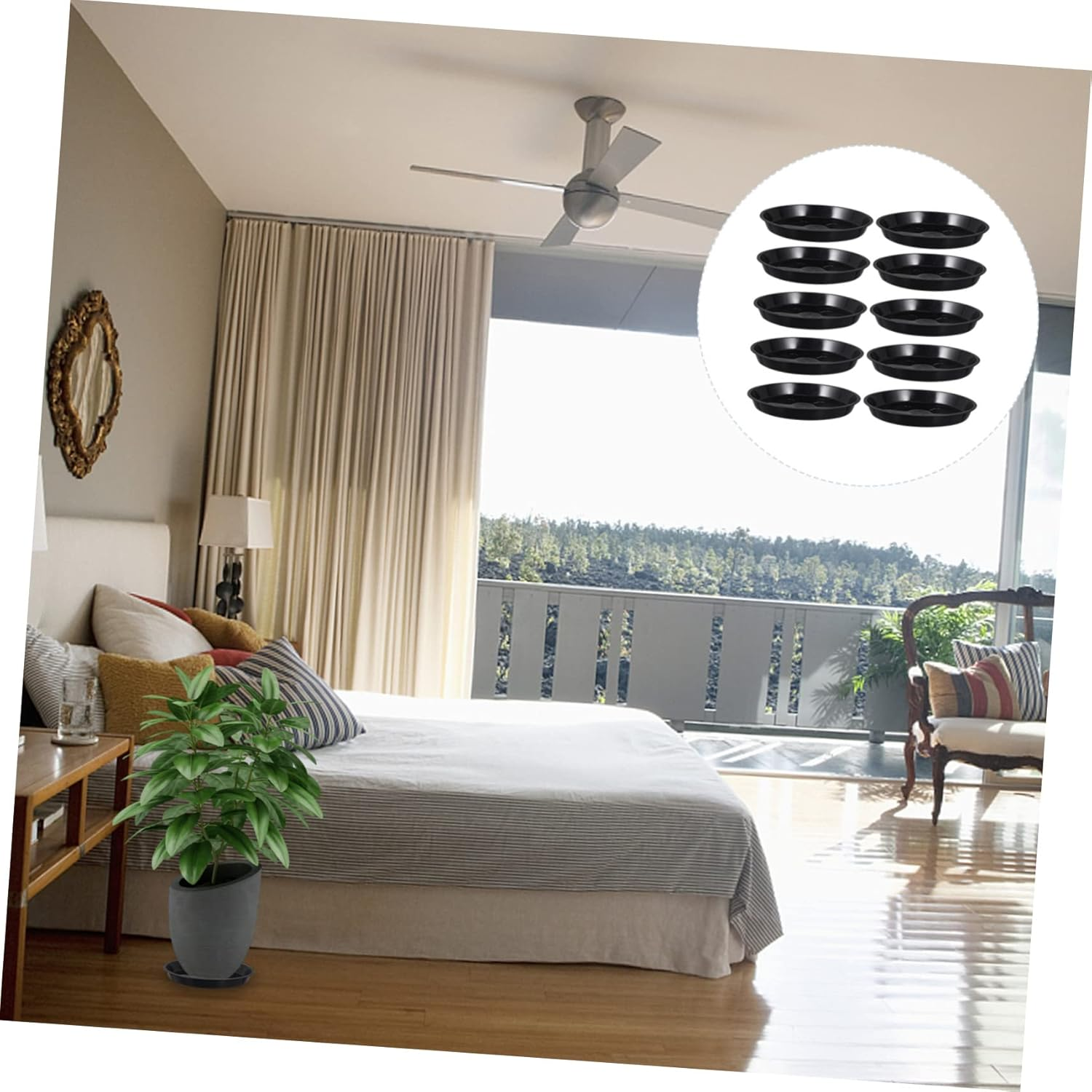 BEBEMOKO 10 Pcs Black Plastic Bonsai Trays and Flowerpot Pallets for Indoor Gardening with Drip-Resistant Planter Base Suitable for Household Potted Plants and Balcony Use image number 2