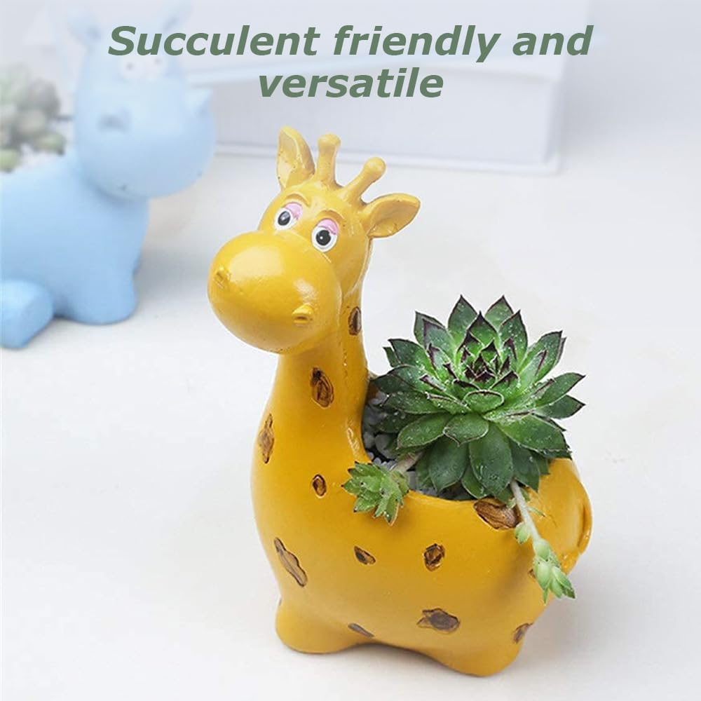 2 Pcs Animal Succulent Planter Pot with Drainage Hole, Giraffe Shape Small Succulent Pots, Hippo Resin Flower Pot, Mini Flower Planter Cartoon Planter, Cartoon Plant Containers image number 3
