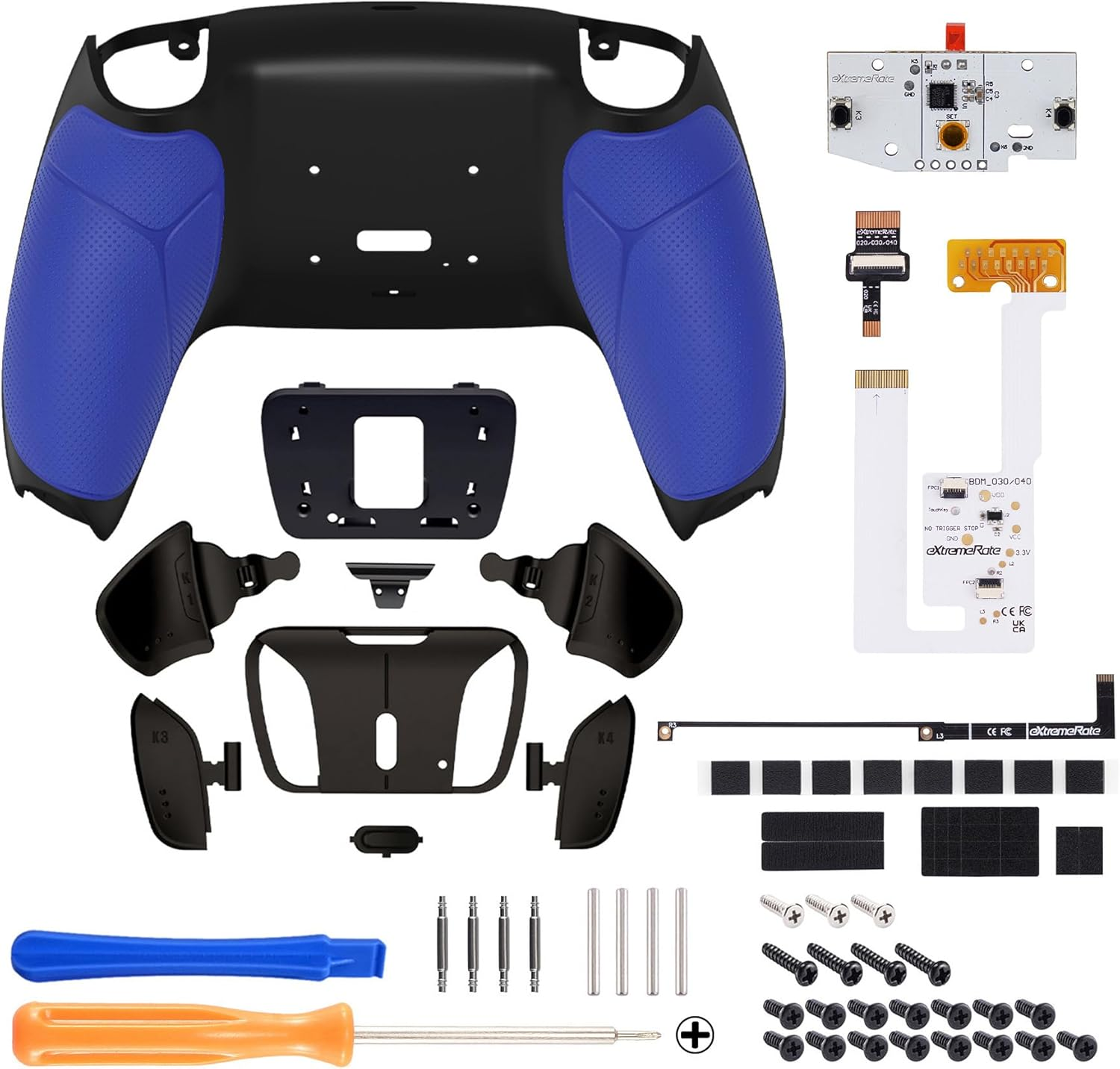 Extremerate Real Metal Buttons RMB RISE4 V3 Remap Kit for PS5 Controller BDM-030 040 050, Redesigned Blue Rubberized Grip Black Bottom Shell Upgrade Board 4 Back Paddles Attachment for PS5 Controller - Blue image number 3