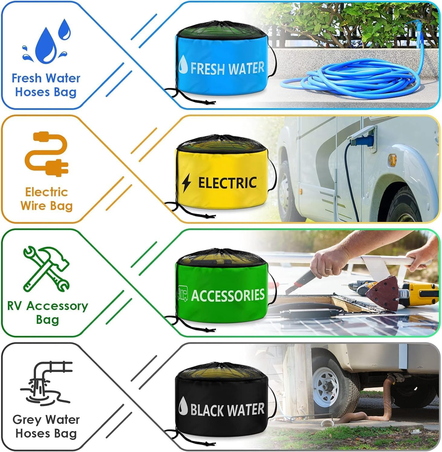 RV Hose Storage Bag Waterproof Camper Accessories Container RV Equipment Organizer Utility Bags for Sewer Hoses,Electrical Cords,Fresh Black Water Hoses and Other Parts (Multicolor Set -4 Pack) image number 1