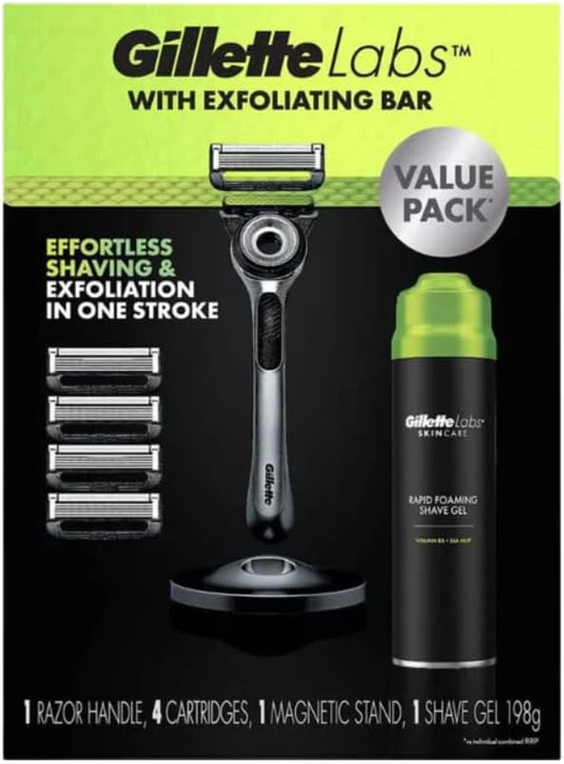 Gillette Labs Exfoliating Razor with Magnetic Stand + 4 Blade Refills + Shaving Gel