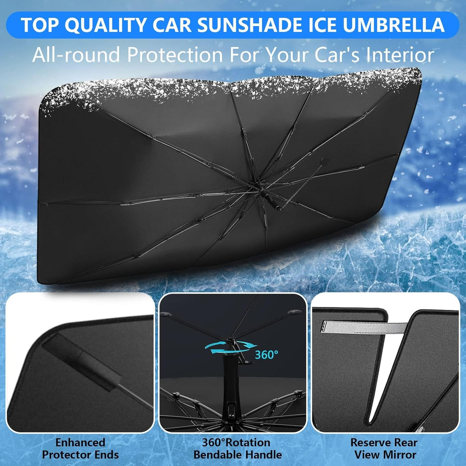 Car Windshield Sun Shade Umbrella, 2025 Upgraded with 360&deg; Bendable Handle, 10 Fiberglass Ribs, 5 Layers UV Block Coating, Heat Insulation Protection for Medium Sedan, SUV Windshield (140X80Cm) image number 5