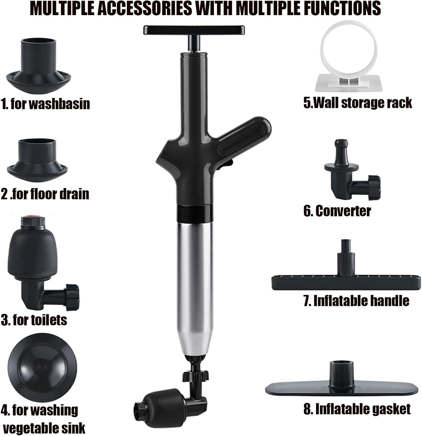Wenbones Drain Cleaner Pump with Air Compression and Air Pressure Display, Compressed Air Pipe Cleaner with 4 Suction Cups, Toilet Plunger for Cleaning Pipes, Sinks, Bathrooms, Kitchens (Black) image number 4