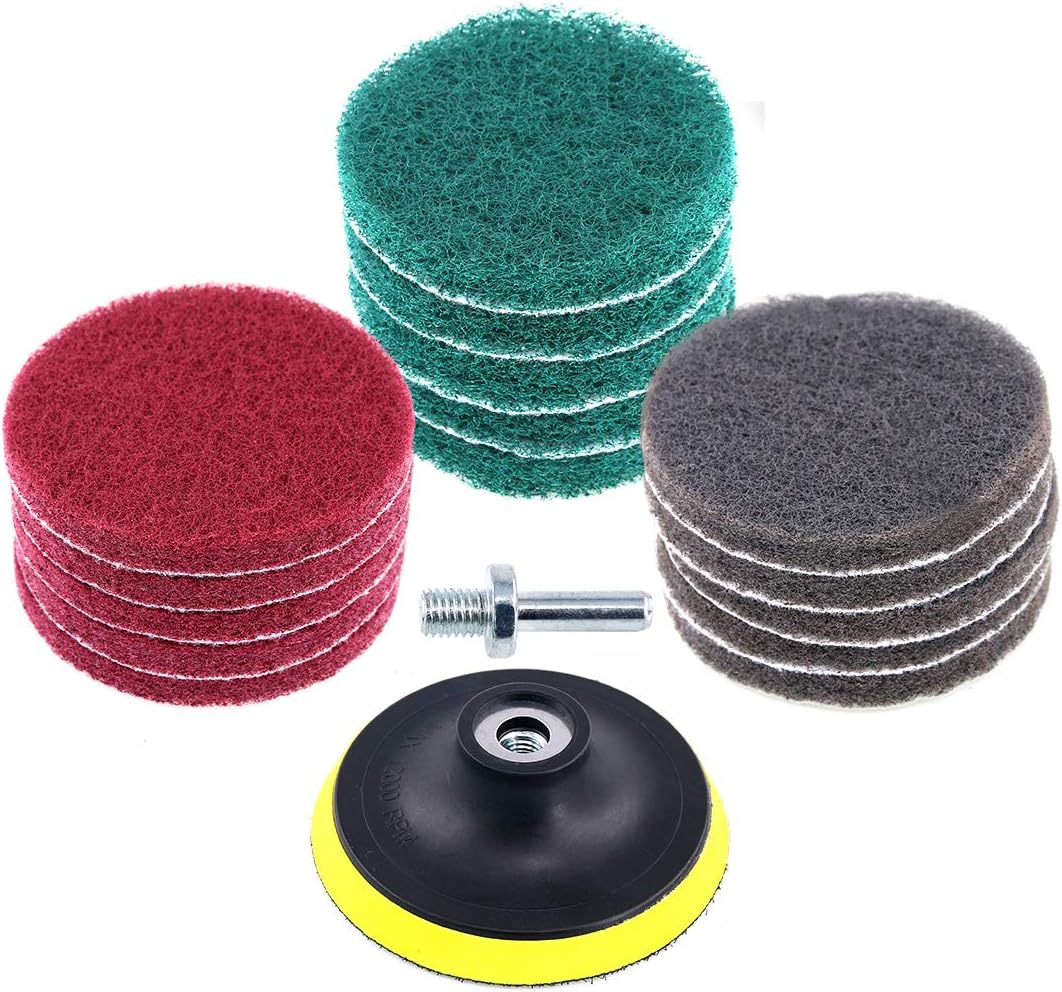 Glarks 16Pcs 4 Inch Drill Power Brush Tile Scrubber Scouring Pads Cleaning Kit with 4 Inch Disc Pad Holder for Bathroom & Kitchen Cleaning, 3 Different Stiffness (Red, Gray, Green) image number 2