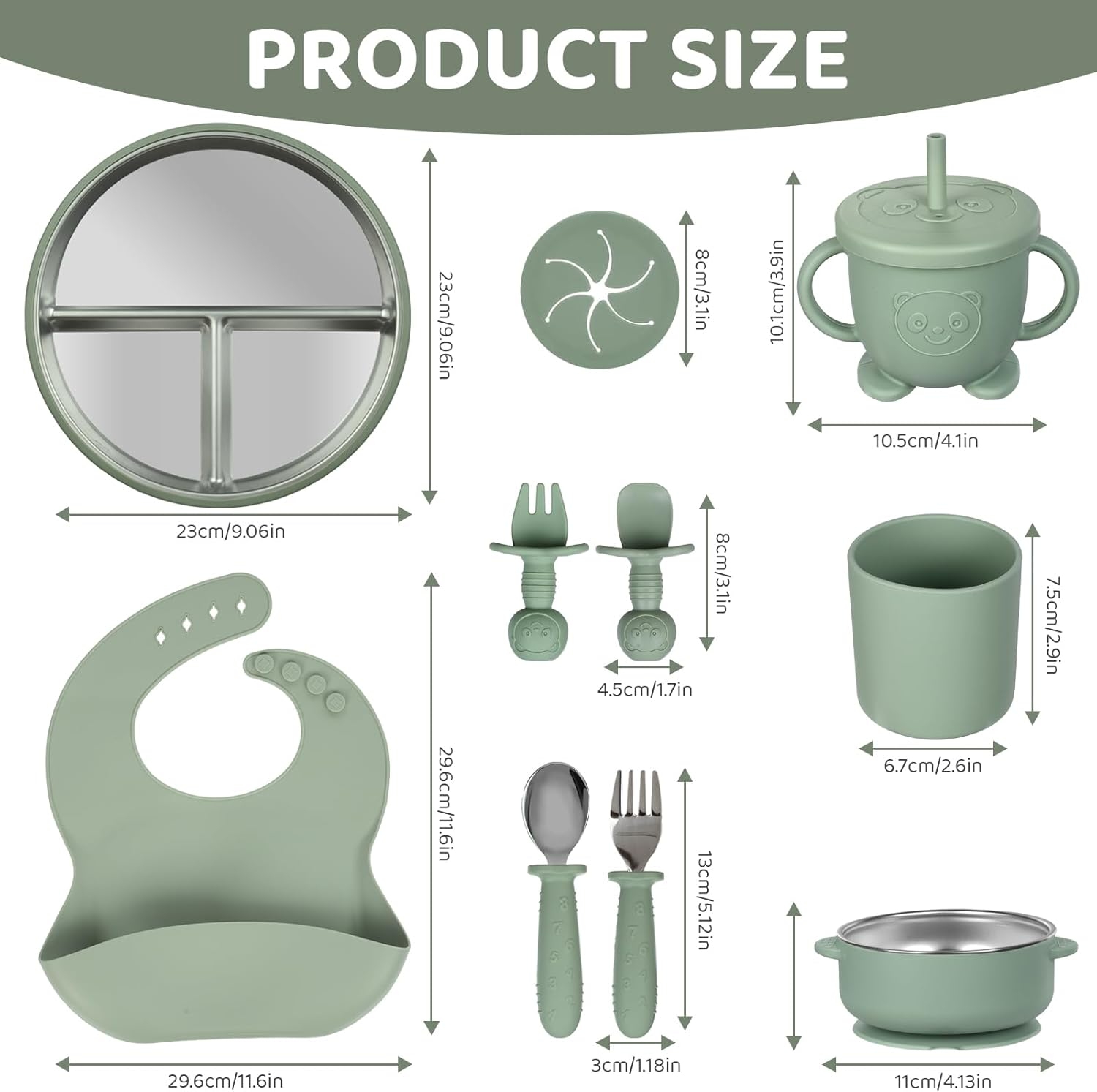 10Pc Baby Feeding Set | Stainless Steel Divided Plate&Suction Bowl with Removable Silicone Suction Base, Silicone Bib, Sippy Cup with Lid, Forks Spoons Snack Container for Baby Led Weaning Supplies image number 6