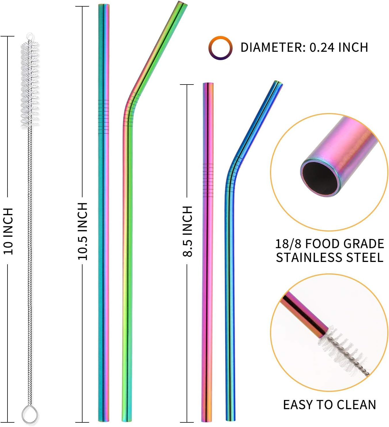Reusable Metal Straws Rainbow Color with Travel Case - Hiware 12-Pack Stainless Steel Drinking Straws for 30Oz / 20Oz Tumblers Dishwasher Safe, 2 Cleaning Brushes Included image number 5