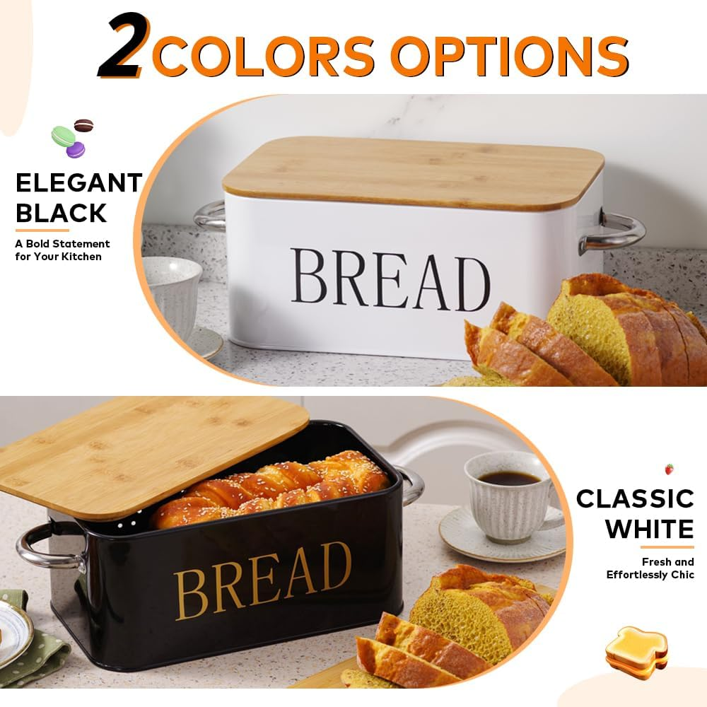 Bread Box with SUS304 Food Tong,Metal Bread Container with Air Valve&Bamboo Cutting Lid,Bread Bin with Metal Handles for Food Storage (White) image number 2