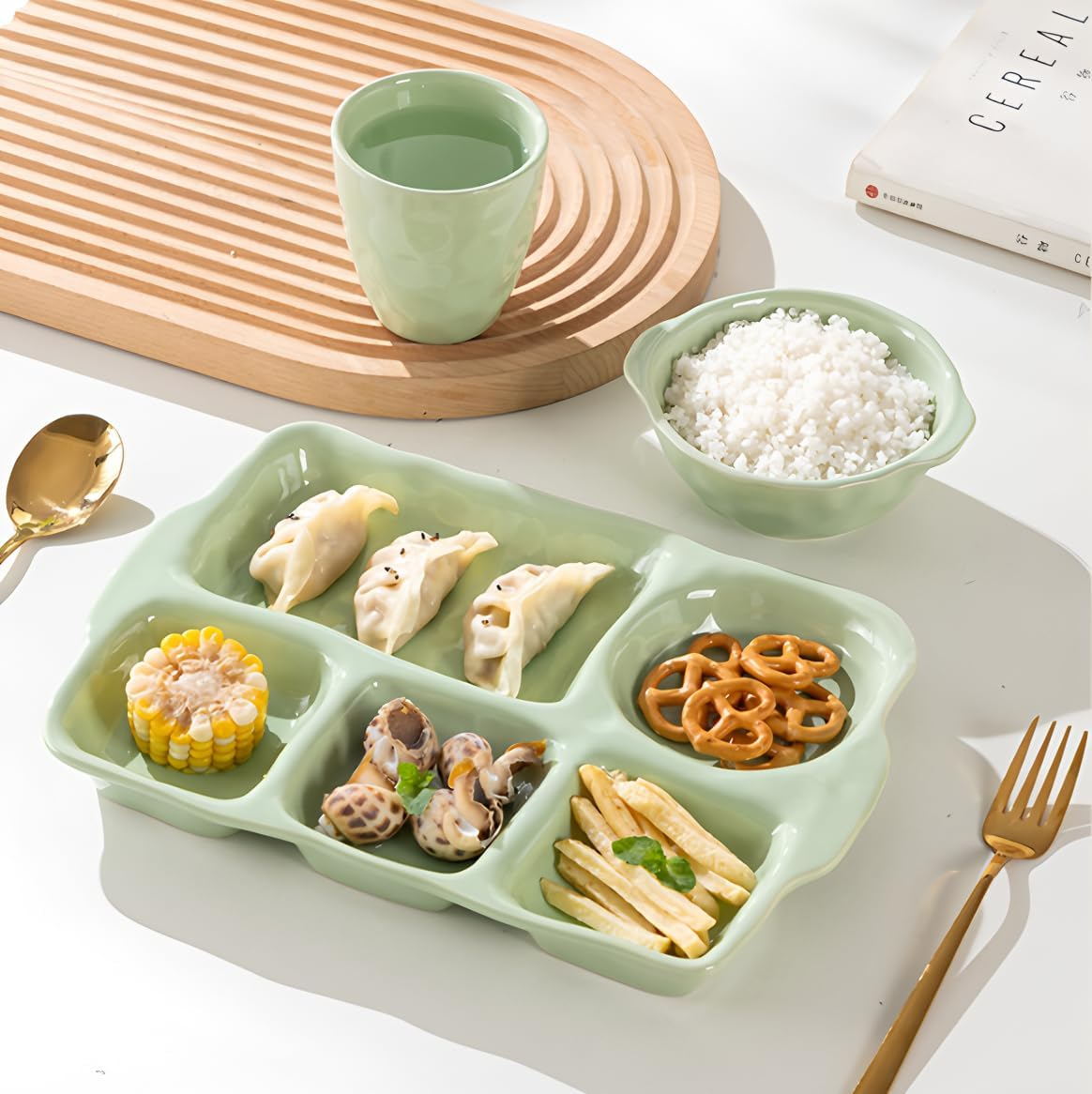 Ceramic Divided Plate, Green 5 Compartment Rectangular Dinner Plate, Precise Portion Control, Dalanced Nutrition, Oven and Microwave Safe, Suitable for All Occasions image number 6