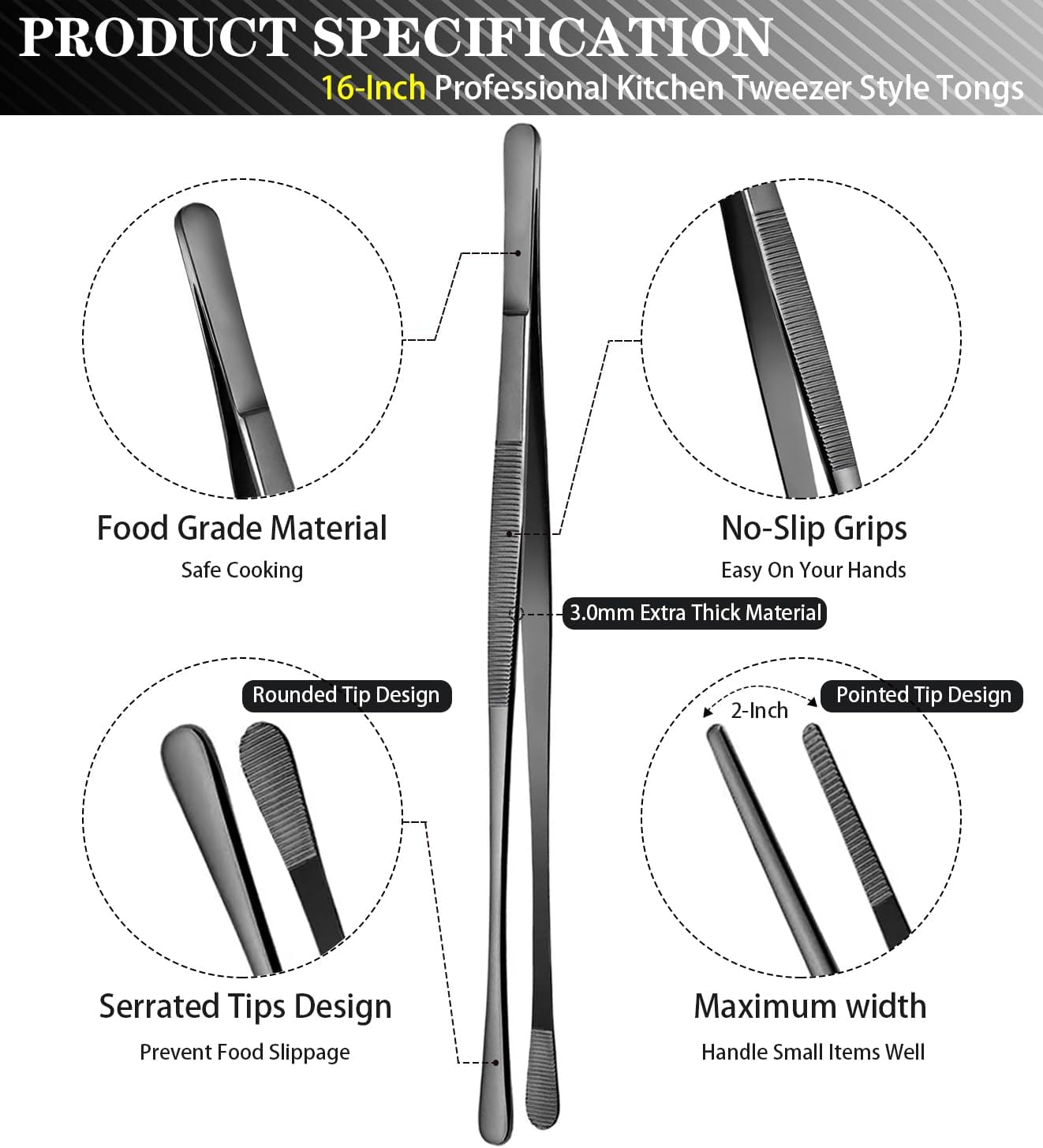 JETKONG 2 Pcs 16-Inch Kitchen Tweezers Tongs with Precision Serrated Tips, Stainless Steel Chef Tweezer Professional Cooking Tweezers for BBQ, Plating and Serving (16-Inch, Black) image number 2