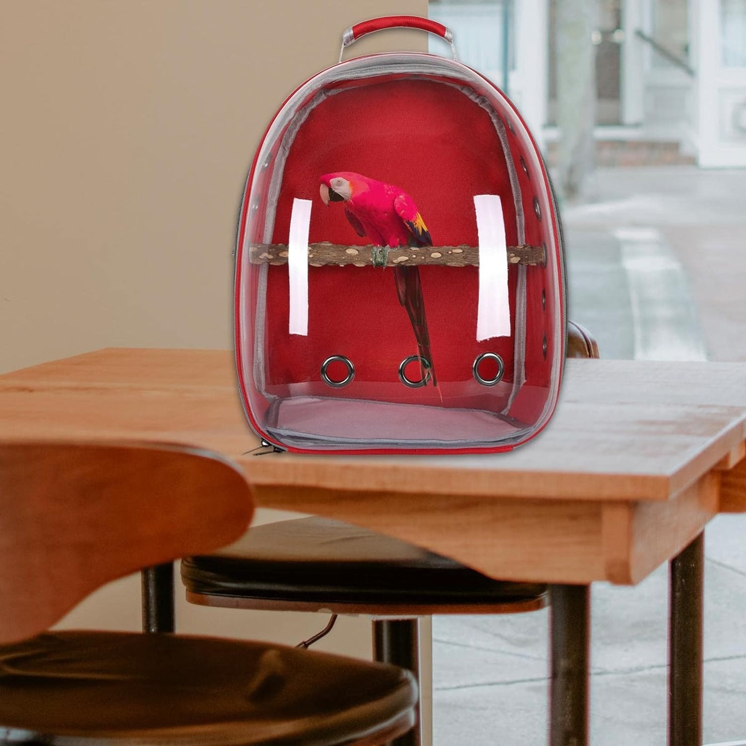 KESOTO Bird Carrier Bag Pet Backpack Parrot Cage Transparent Cover Travel Large Space Carry Bag for Parakeets Hiking Finches, Red image number 1