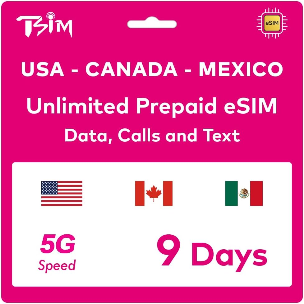 TSIM Prepaid USA Esim 9 Days | Unlimited 4G/5G High-Speed Data in the USA + Unlimited Low Speed Data in Canada & Mexico | Unlimited Local Calls + Free Incoming Calls & SMS image number 6