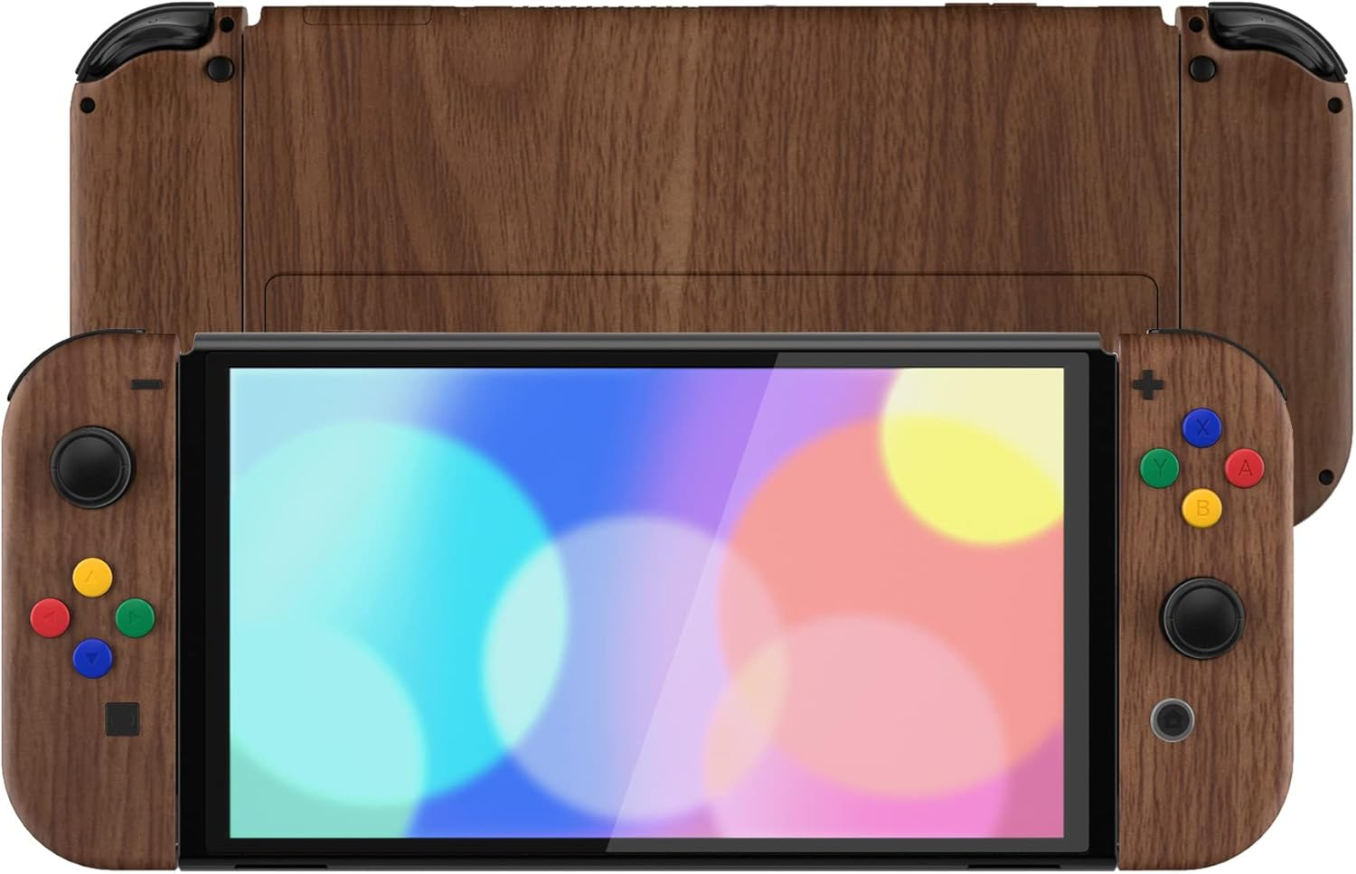 Extremerate Wood Grain Soft Touch Full Set Shell for Nintendo Switch OLED, Replacement Console Back Plate & Metal Kickstand, NS Joycon Handheld Controller Housing & Buttons for Nintendo Switch OLED image number 6