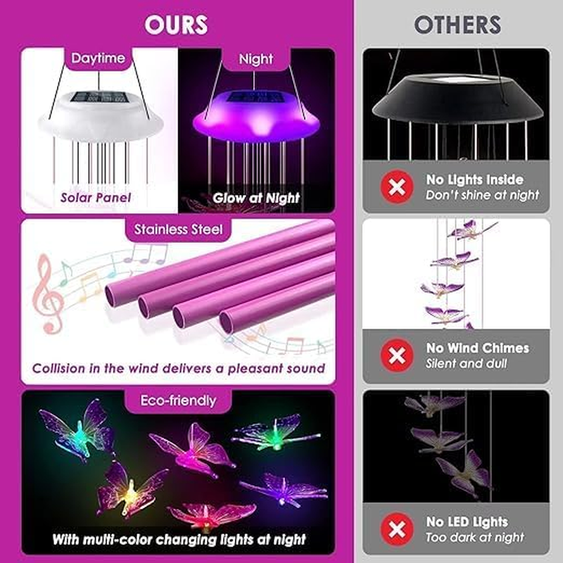 Purple Butterfly Solar Wind Chimes, Valentines Day Gifts for Him, Glowing Top Color Changing Moblie LED Wind Chime for Outside, Outdoor Home Party Garden Decor Light image number 6